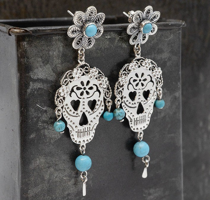 Sterling Silver Beaded Turquoise Floral Sugar Skull Earrings On Post