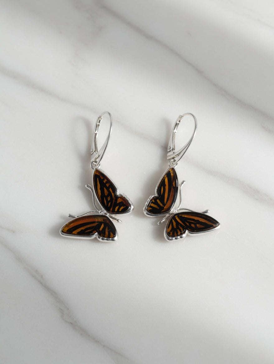 Amber Handmade Sterling Silver Butterfly Leverback Earrings