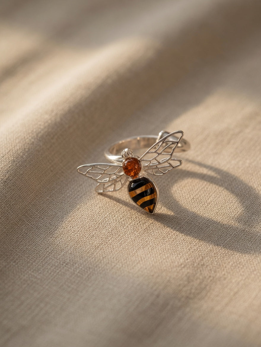 Sterling Silver Handmade Amber Bee Adjustable Ring