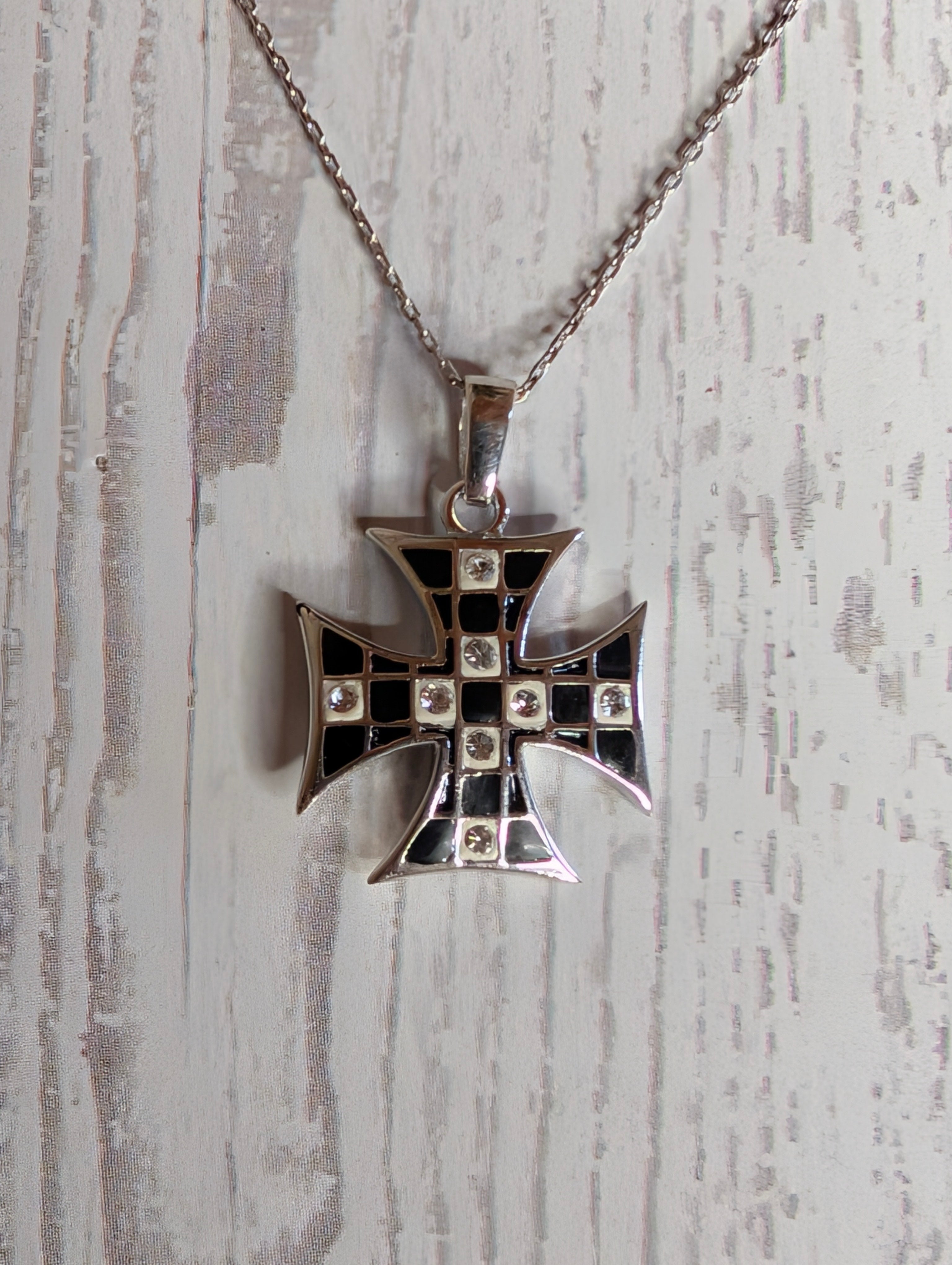 Sterling Silver Black Enamel Inlay Maltese Cross Pendant Necklace