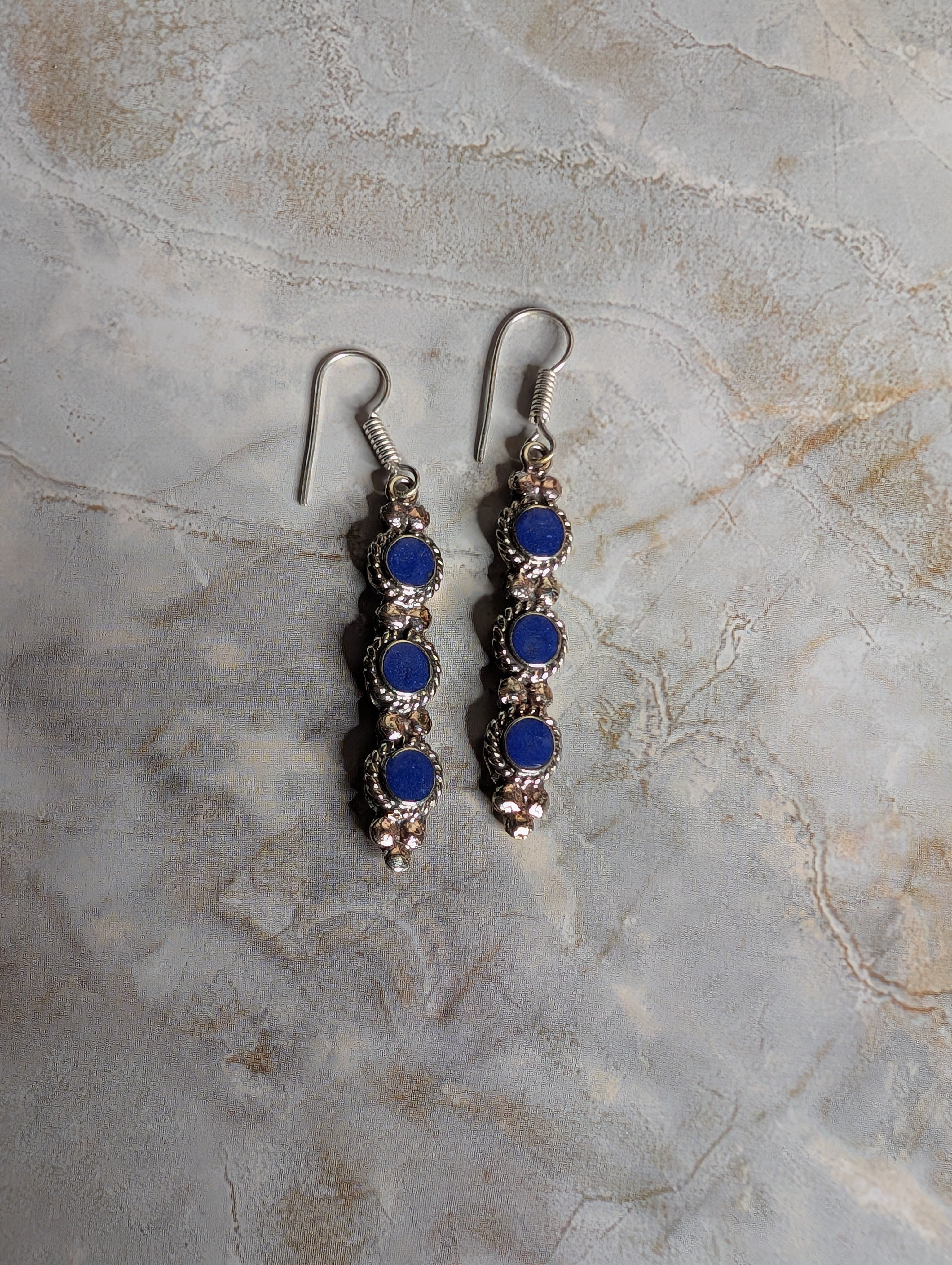 Vintage Southwestern Blue Lapis & Silver Three Stone Dangle Earrings