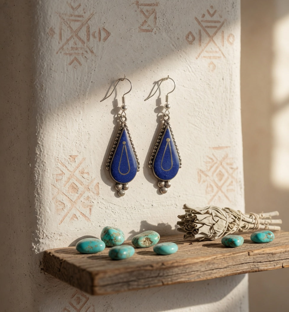 Blue Lapis Teardrop Dangle Earrings with Triple Silver Ball Drop
