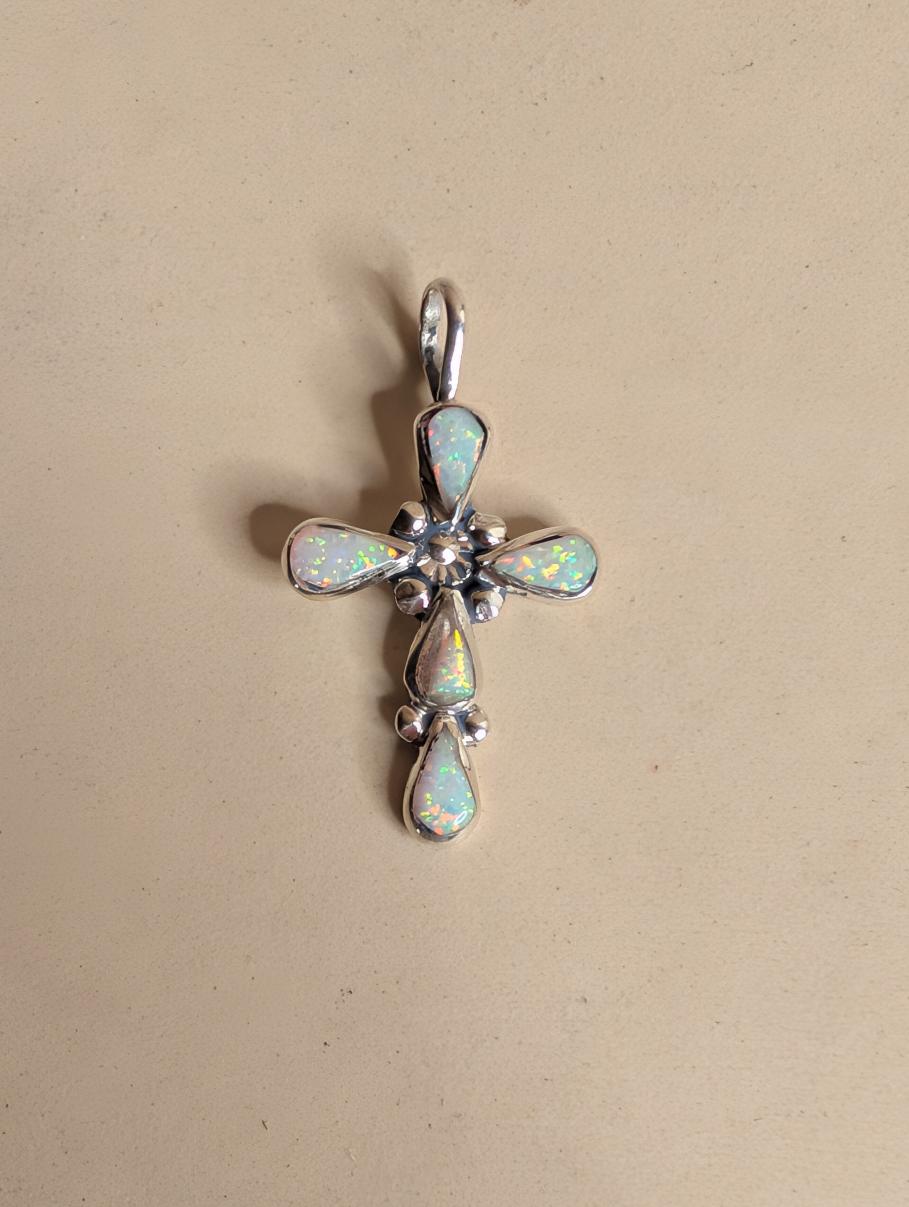 Handcrafted White Fire Opal Sterling Silver Cross Pendant