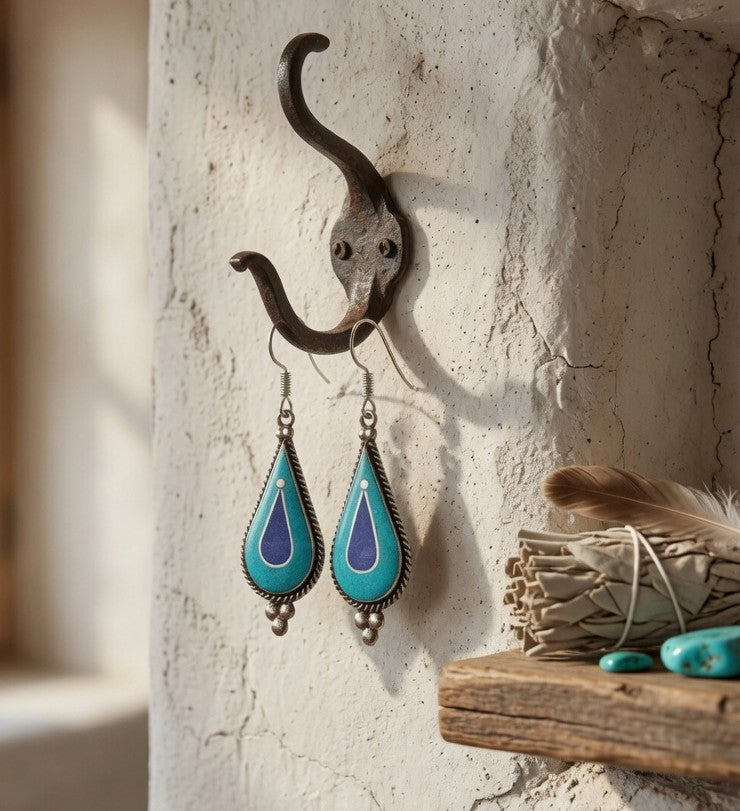 Lapis and Turquoise Teardrop Dangle Earrings with Triple Silver Ball Drop