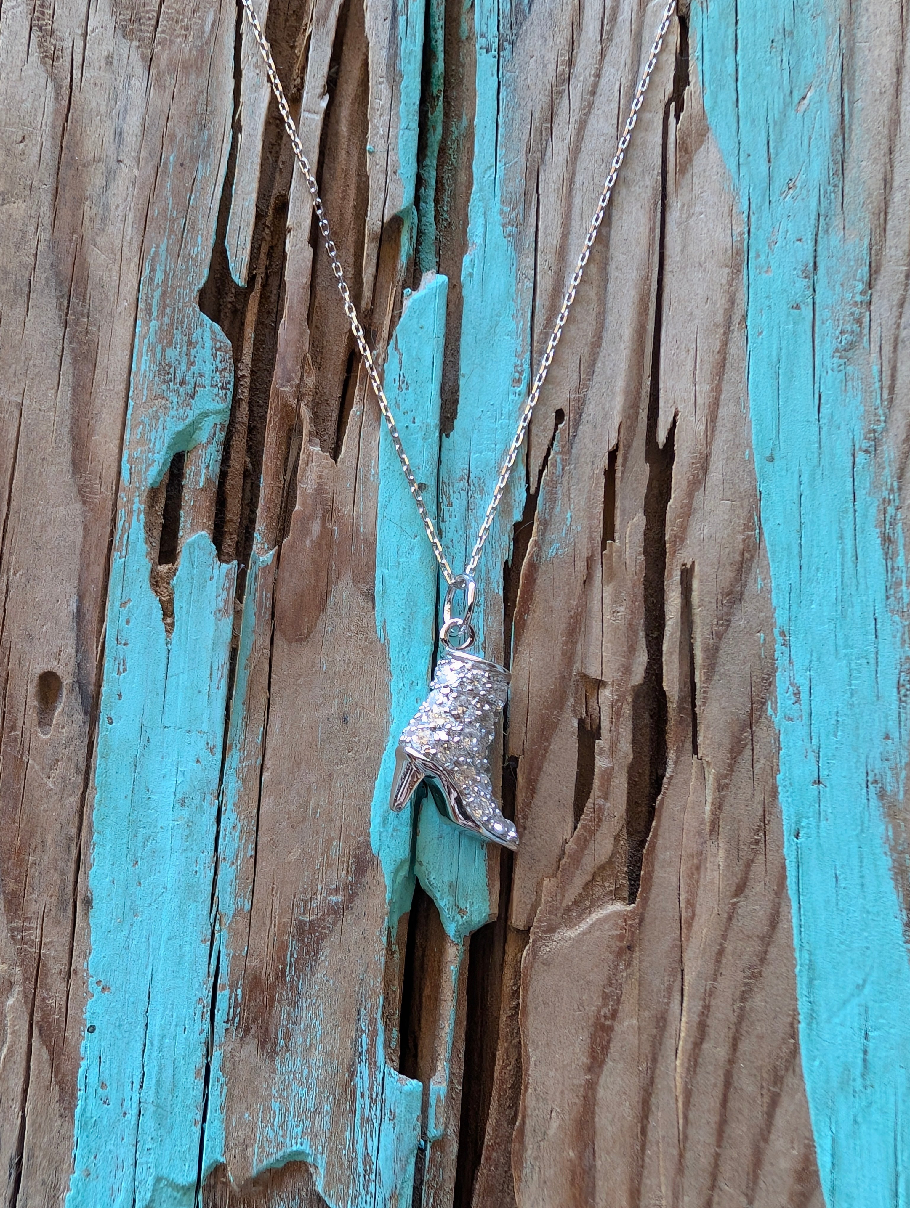 Sterling Silver Detailed CZ High Heel Cowboy Boot Pendant Necklace