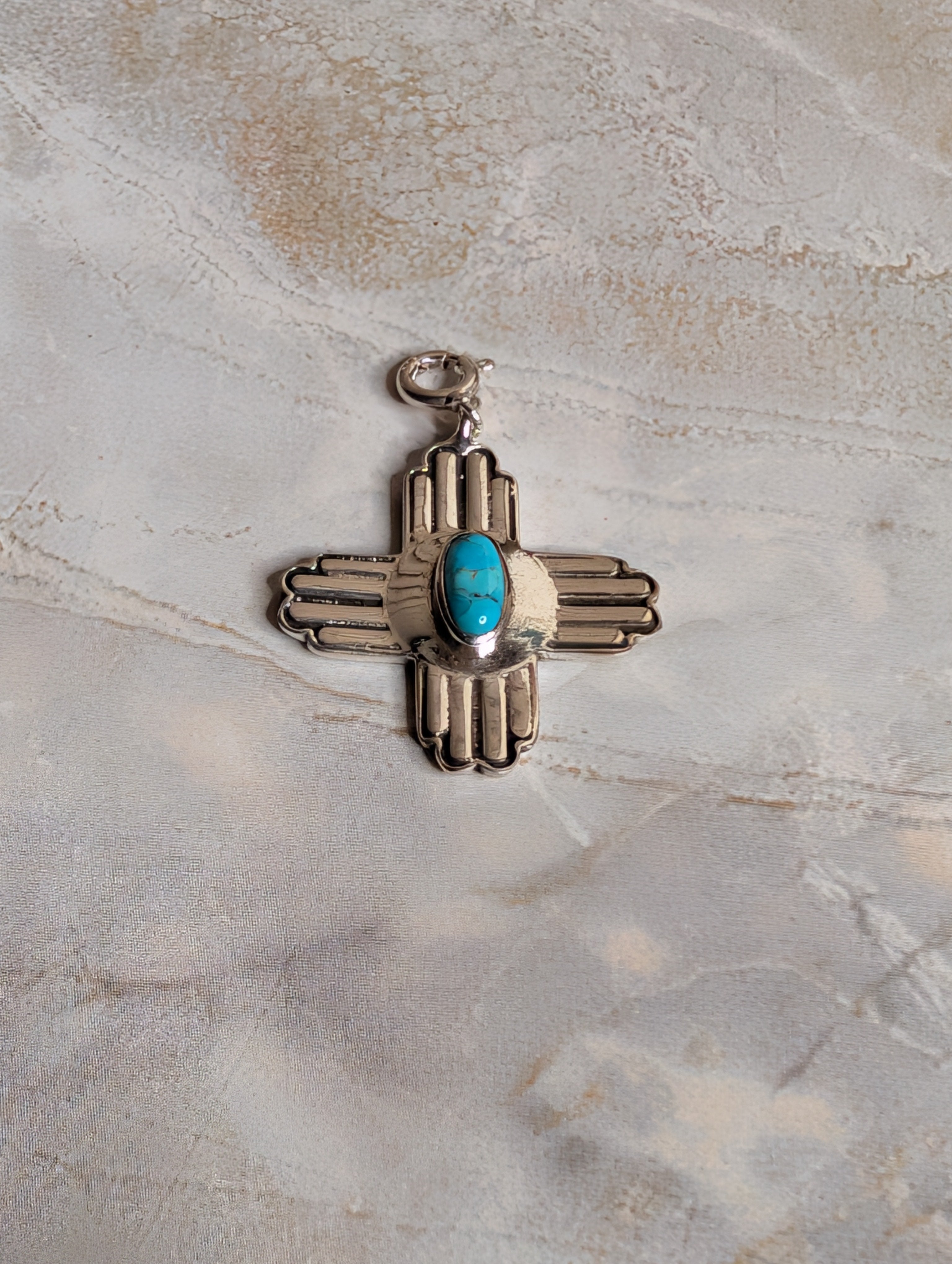 Sterling Silver Southwestern Style Zia Cross Charm With Turquoise