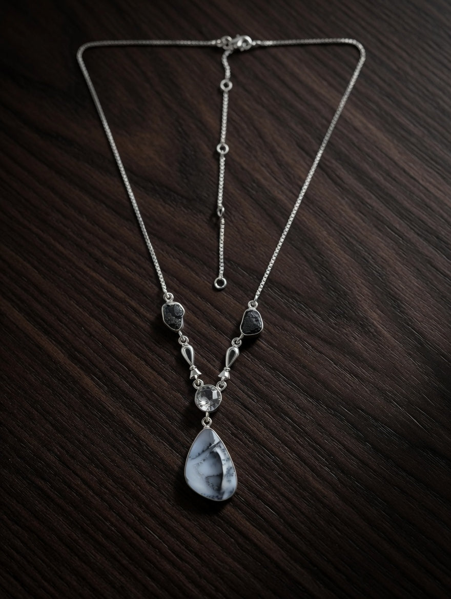 Dendritic Agate Gemstone With Clear Quartz & Black Tourmaline Sterling Silver Lariat Necklace