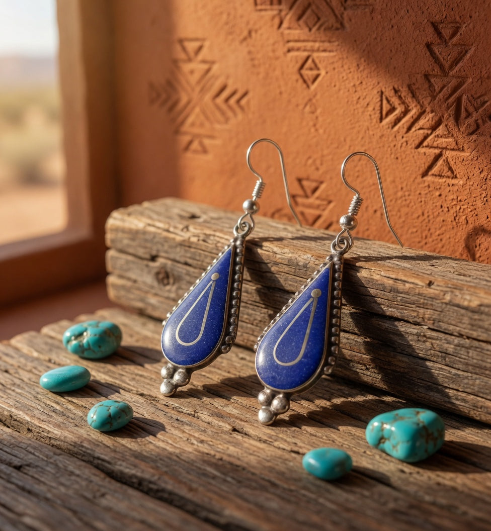Blue Lapis Teardrop Dangle Earrings with Triple Silver Ball Drop