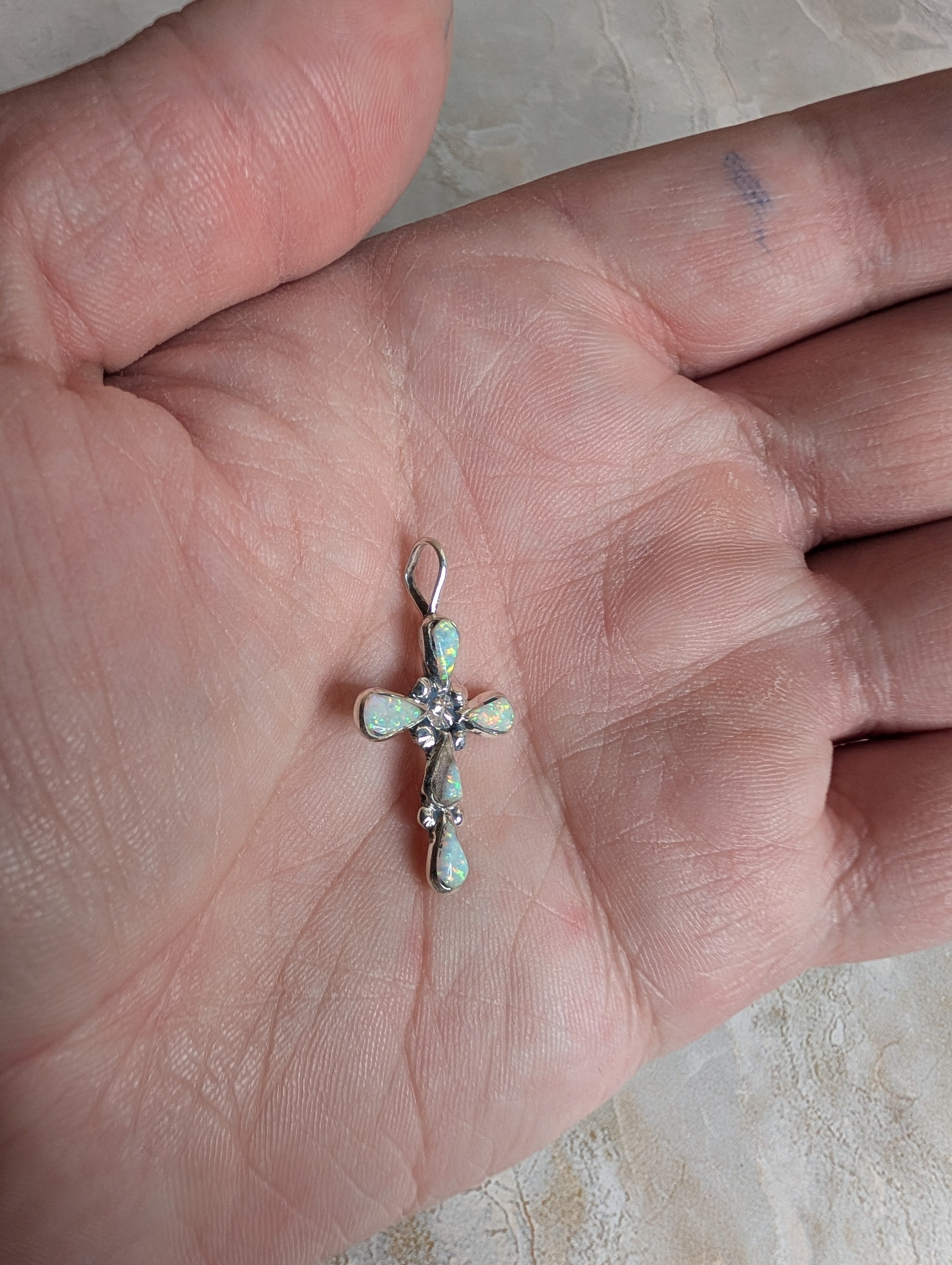 Handcrafted White Fire Opal Sterling Silver Cross Pendant
