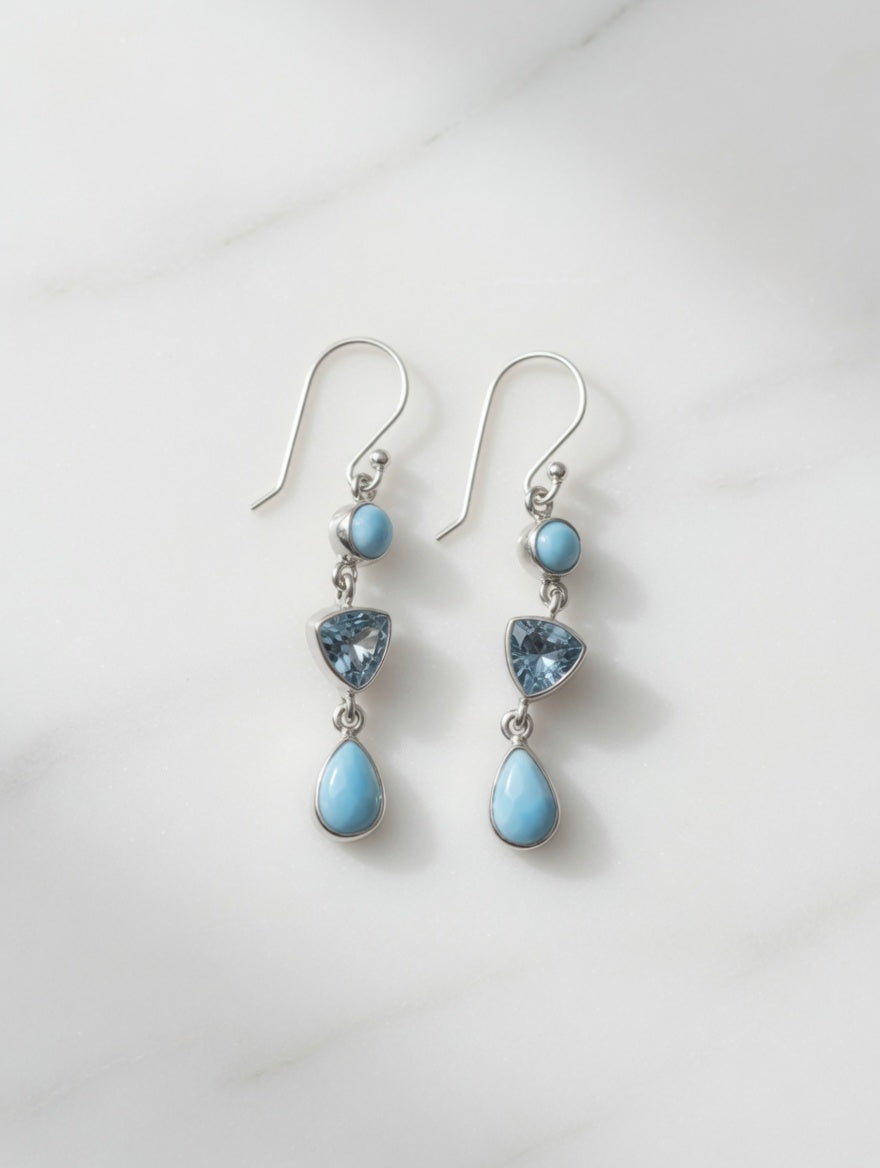 Larimar & Blue Topaz Three Stone Sterling Silver Dangle Earrings
