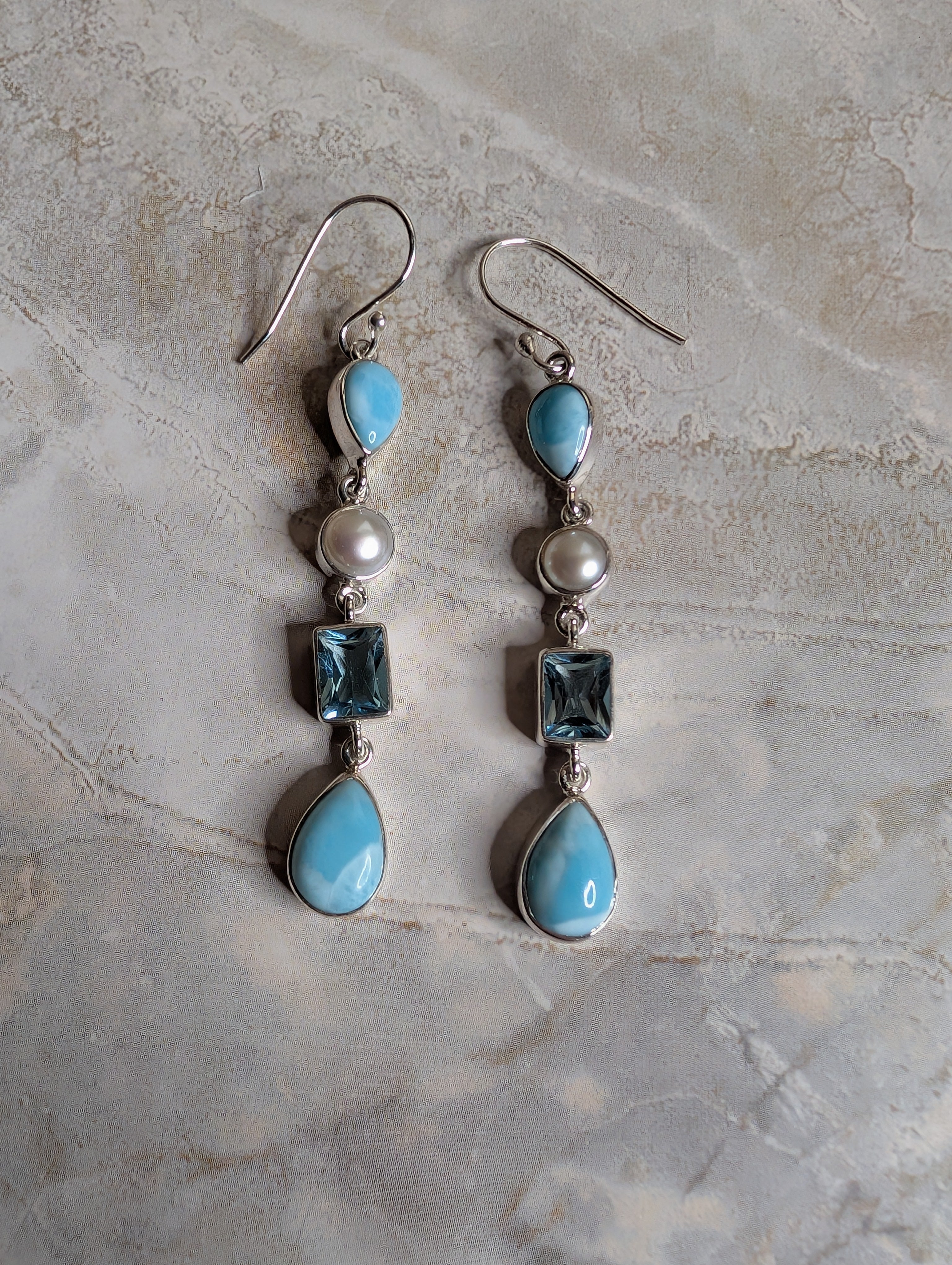 Larimar, Blue Topaz, & Pearl Four Stone Sterling Silver Dangle Earrings