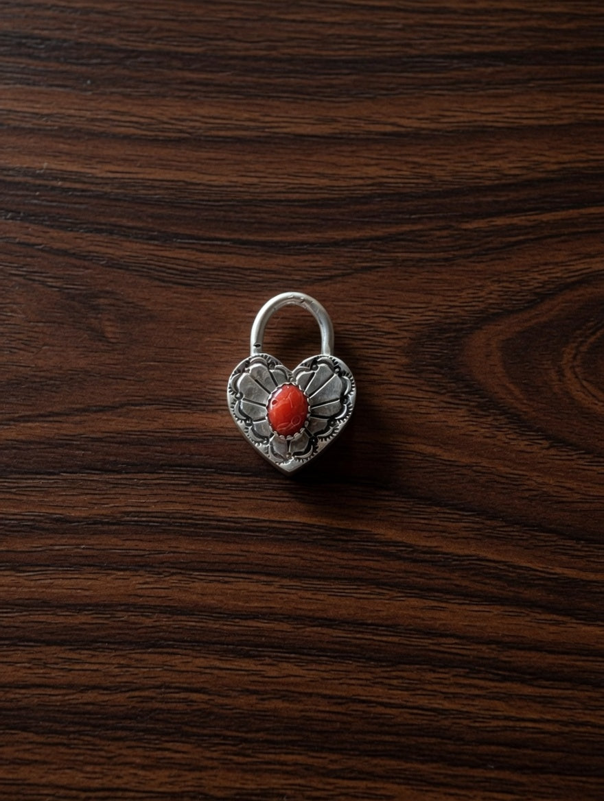 Sterling Silver Padlock Pendant with Coral Stone