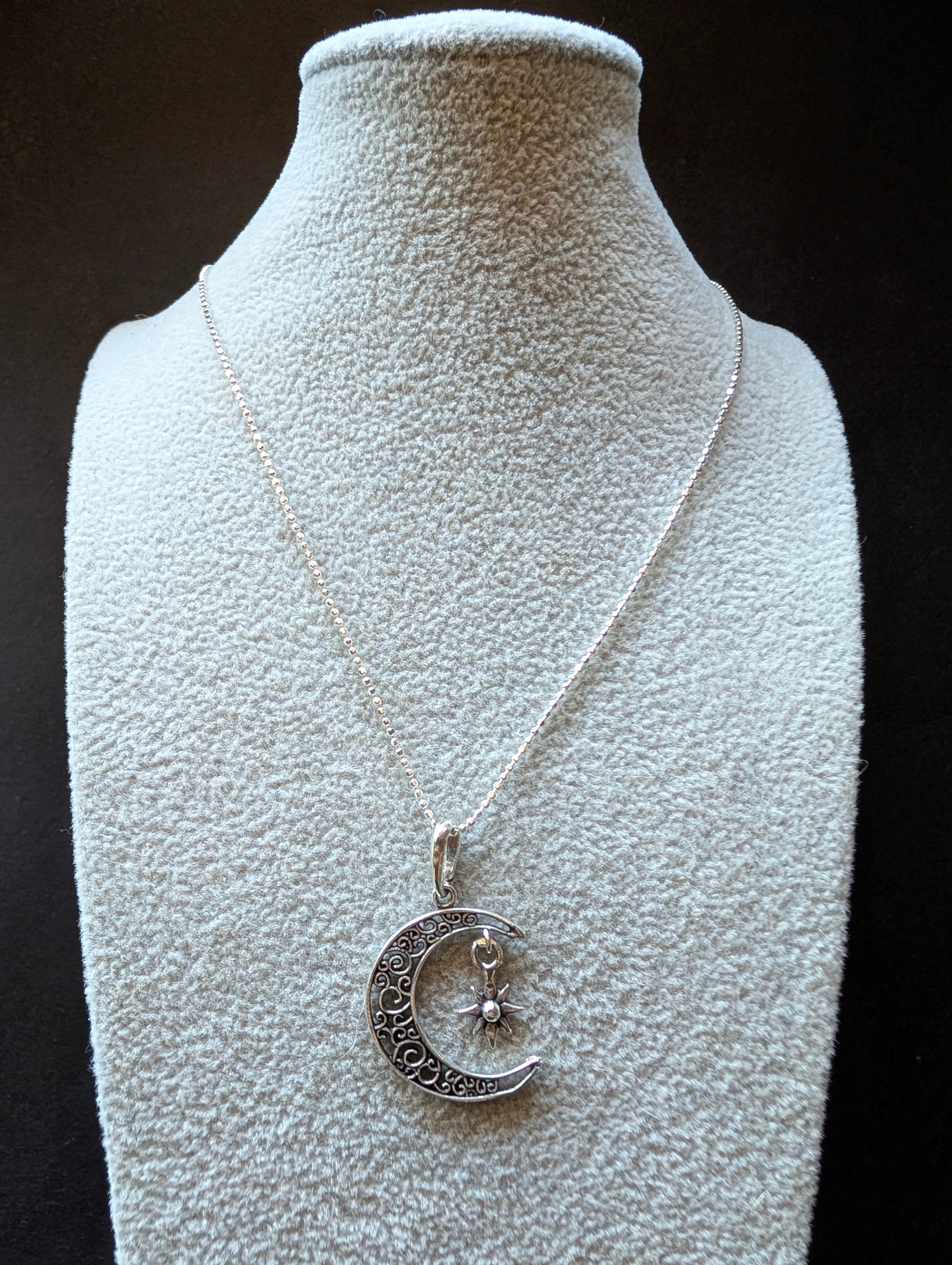 Sterling Silver Intricate Moon & Star Dangle Pendant Necklace