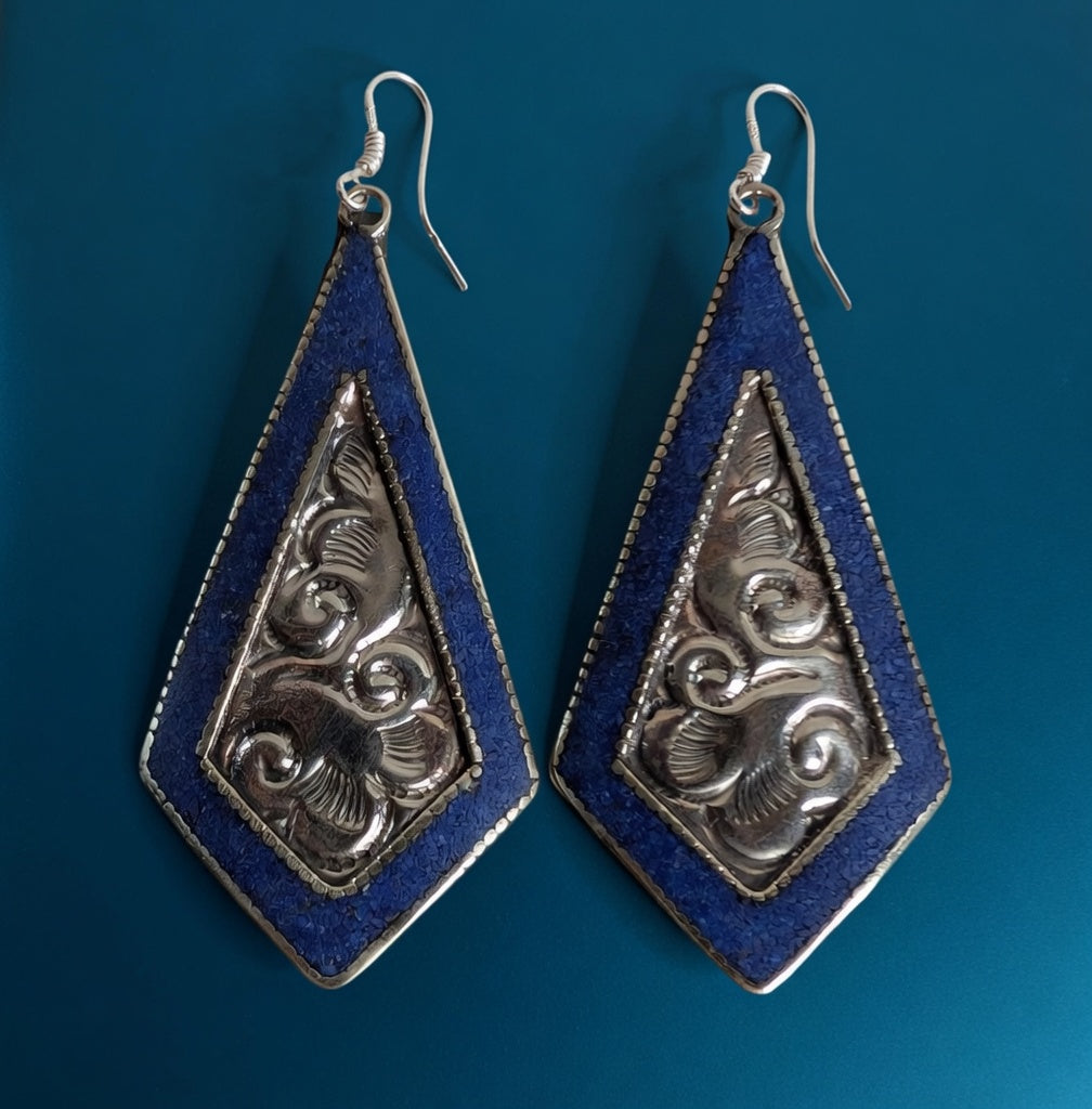 Blue & Silver Embossed Drop Earrings