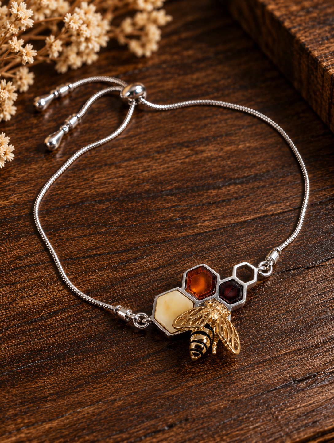 Handmade Bee Honeycomb Honey Cognac Cabochons & Sterling Silver Adjustable Stretch Bracelet