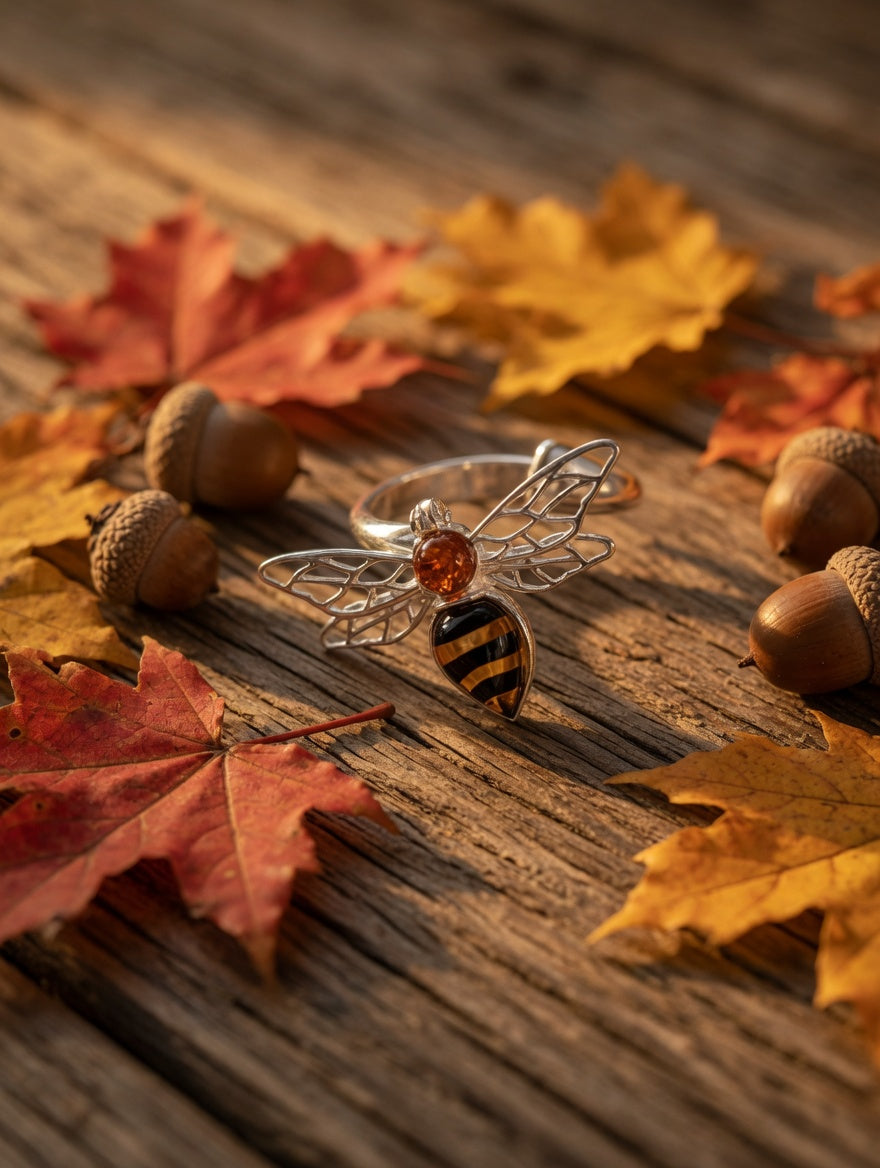 Sterling Silver Handmade Amber Bee Adjustable Ring