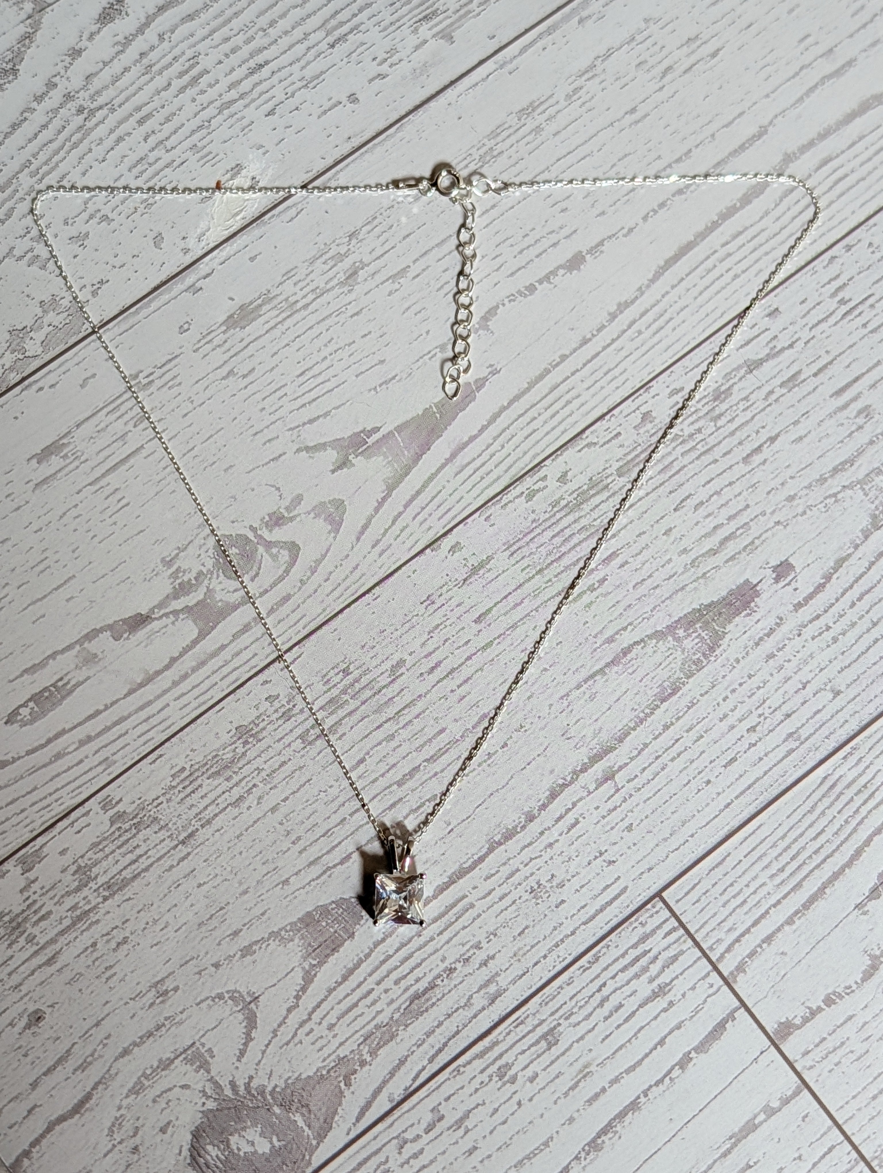 Square Shaped CZ Pendant On Sterling Silver Necklace