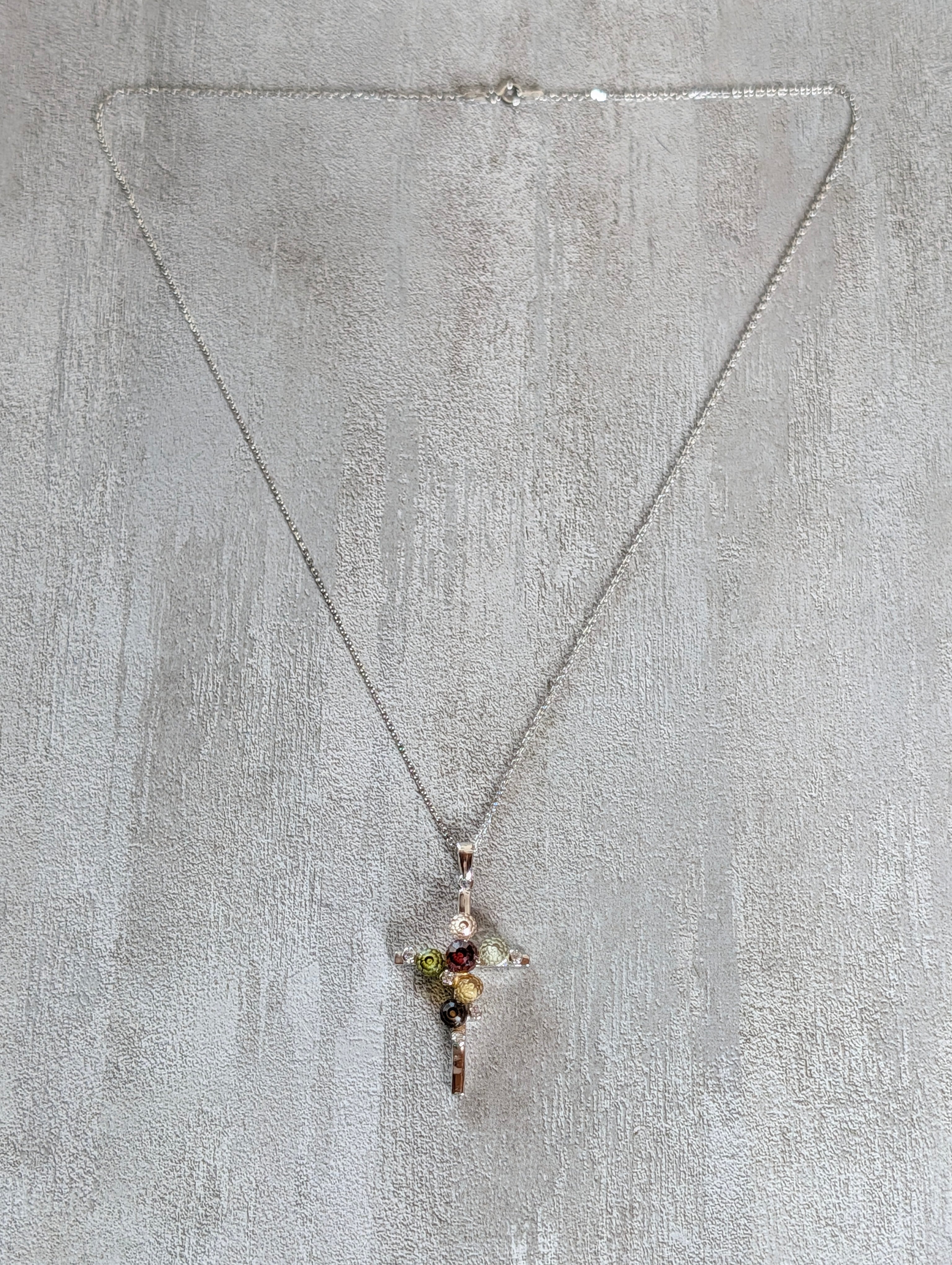 Sterling Silver Multicolor Cluster Gemstone Cross Pendant Necklace