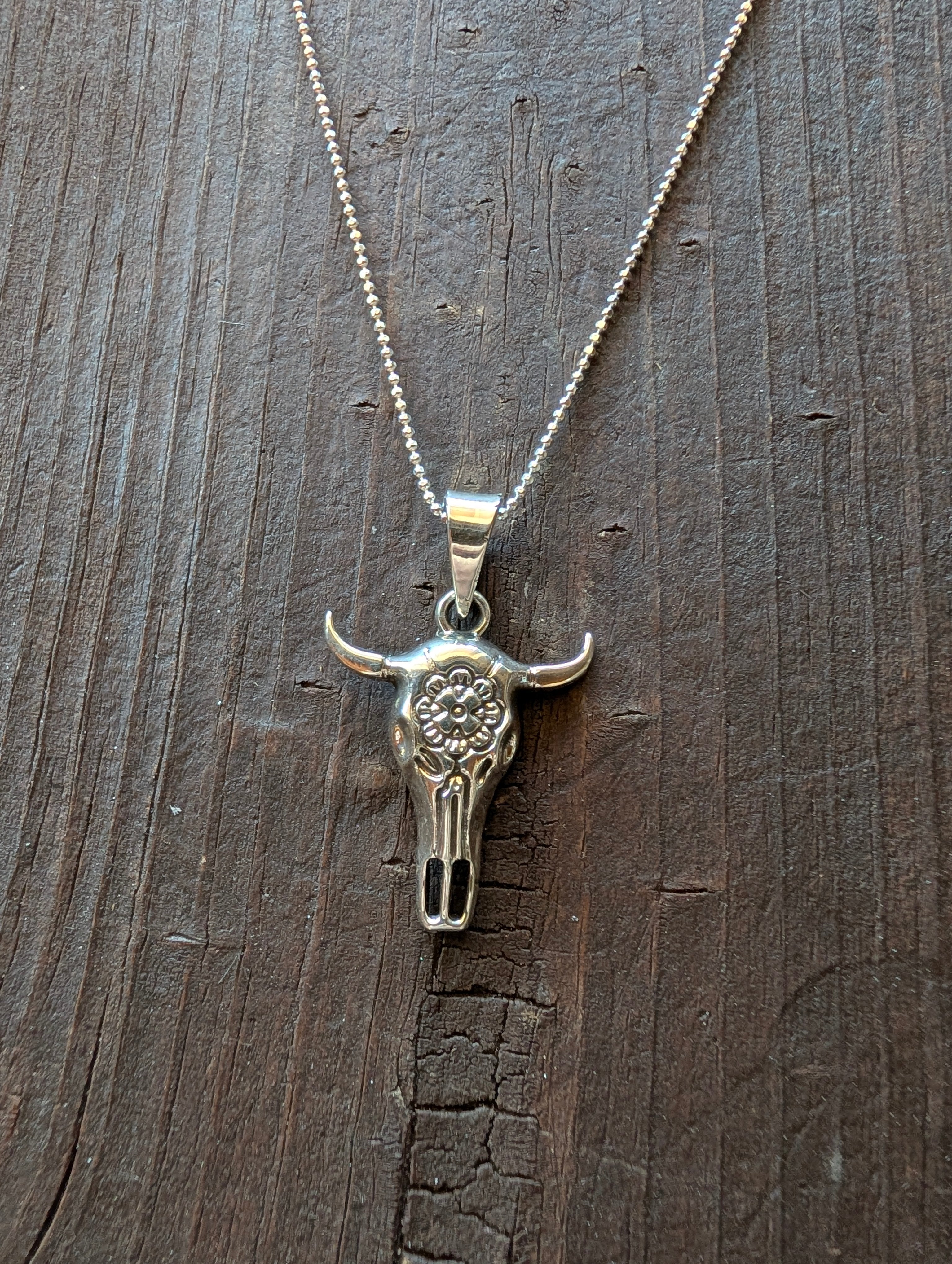Sterling Silver Tibetan Western Style Cow Skull Pendant With Floral Design