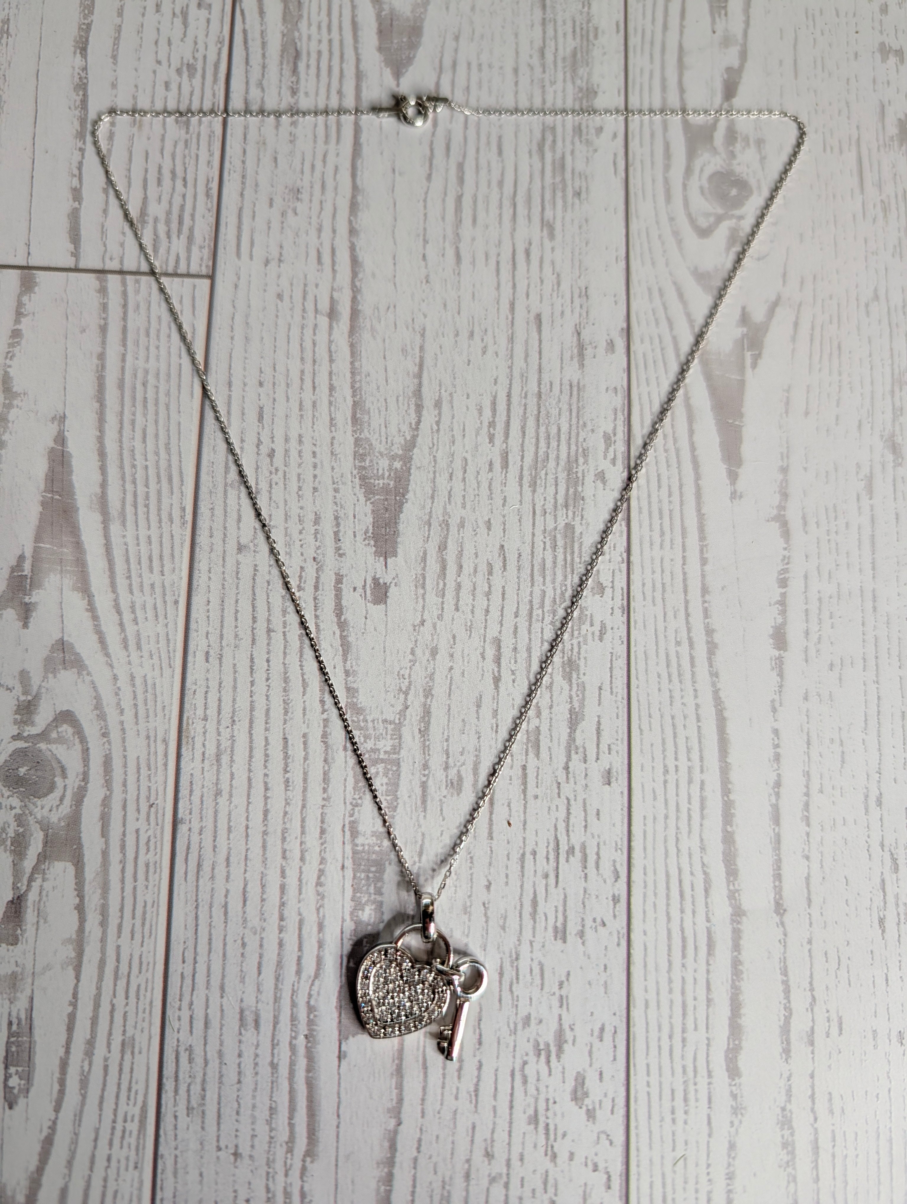 Sterling Silver CZ Heart & Key Romantic Love Necklace