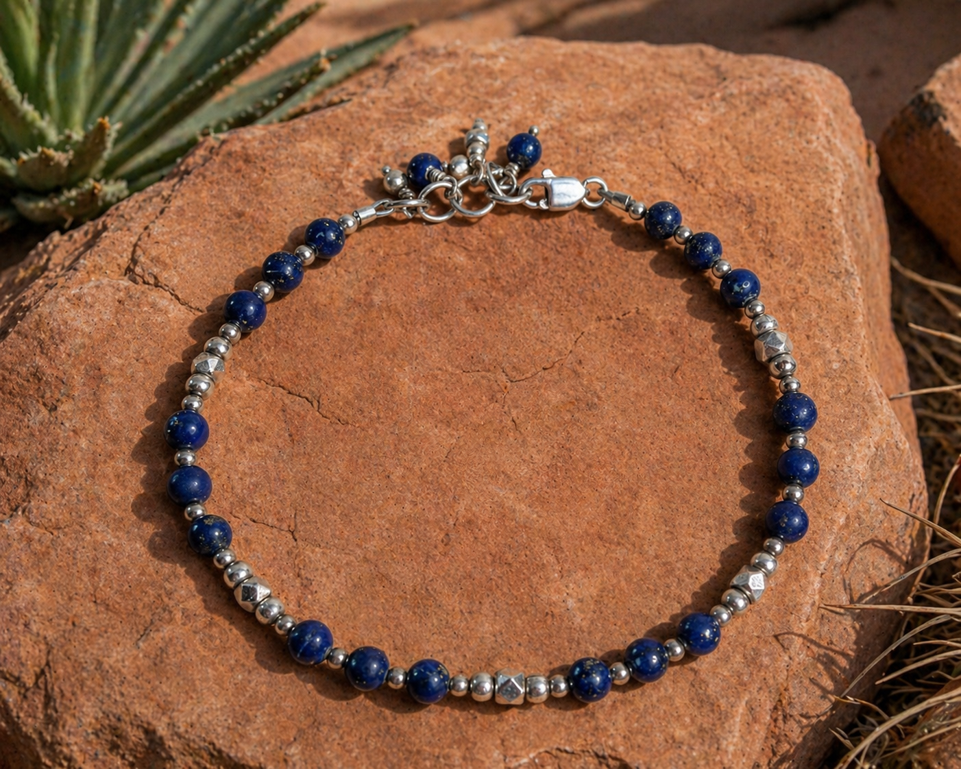 Lapis & Sterling Silver Beaded Bracelet 8"