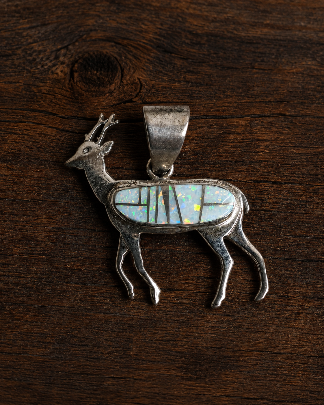 Handcrafted Fire White Opal Sterling Silver Deer Pendant