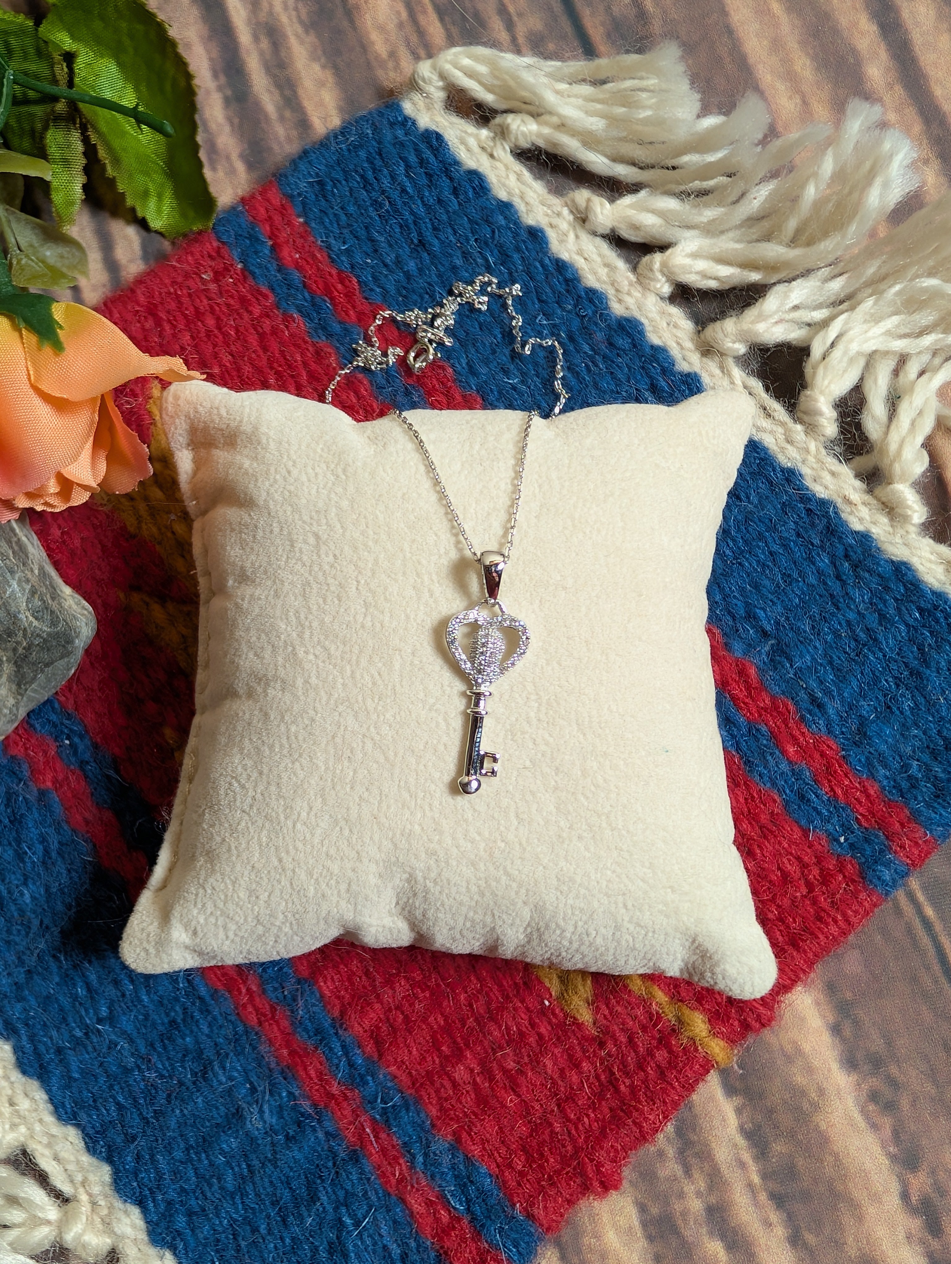 CZ Heart Shaped Key Pendant On Sterling Silver Necklace