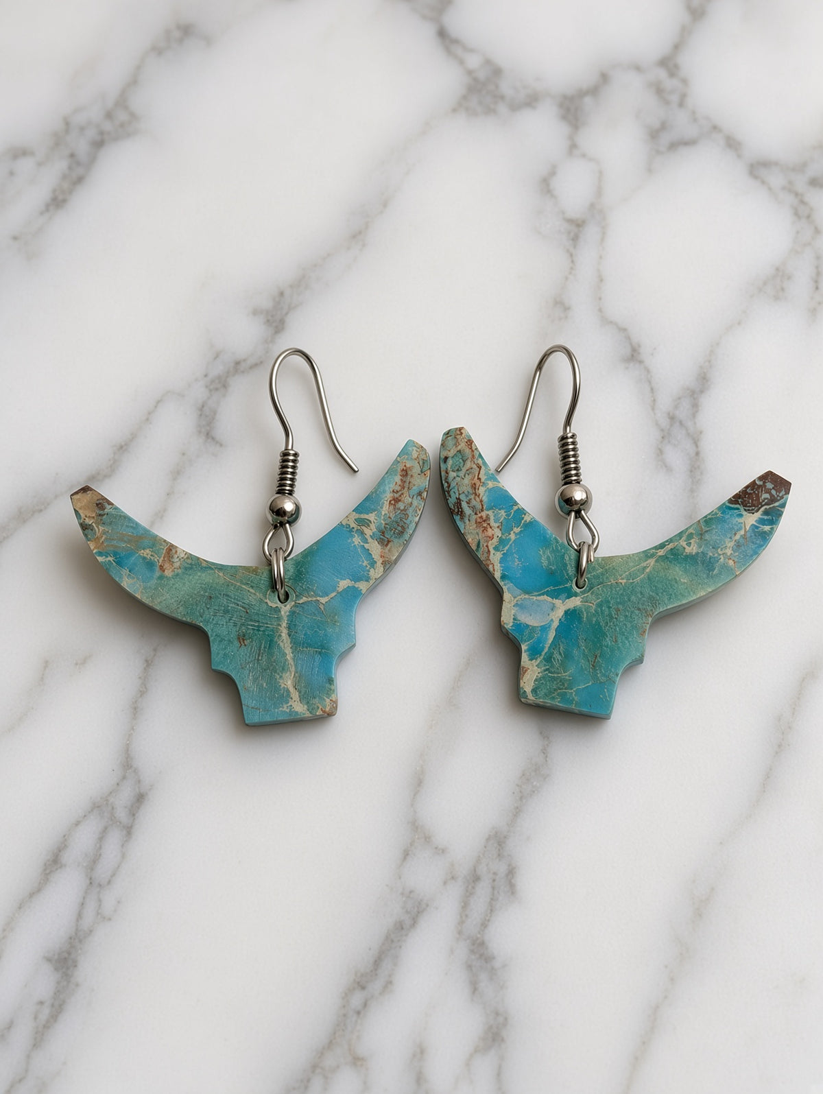 Handcrafted Indigo Turquoise Bull Head Slab Sterling Silver Earrings