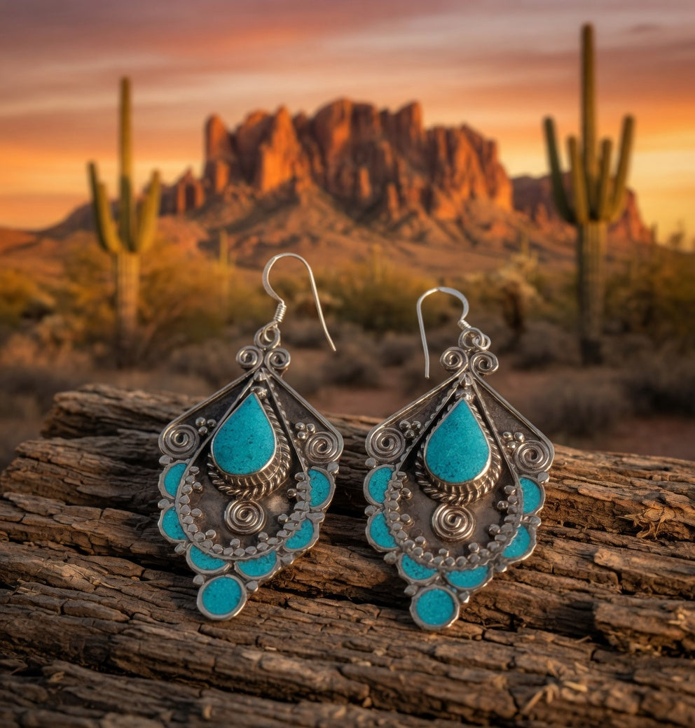 Vintage Turquoise Teardrop Filigree Statement Earrings