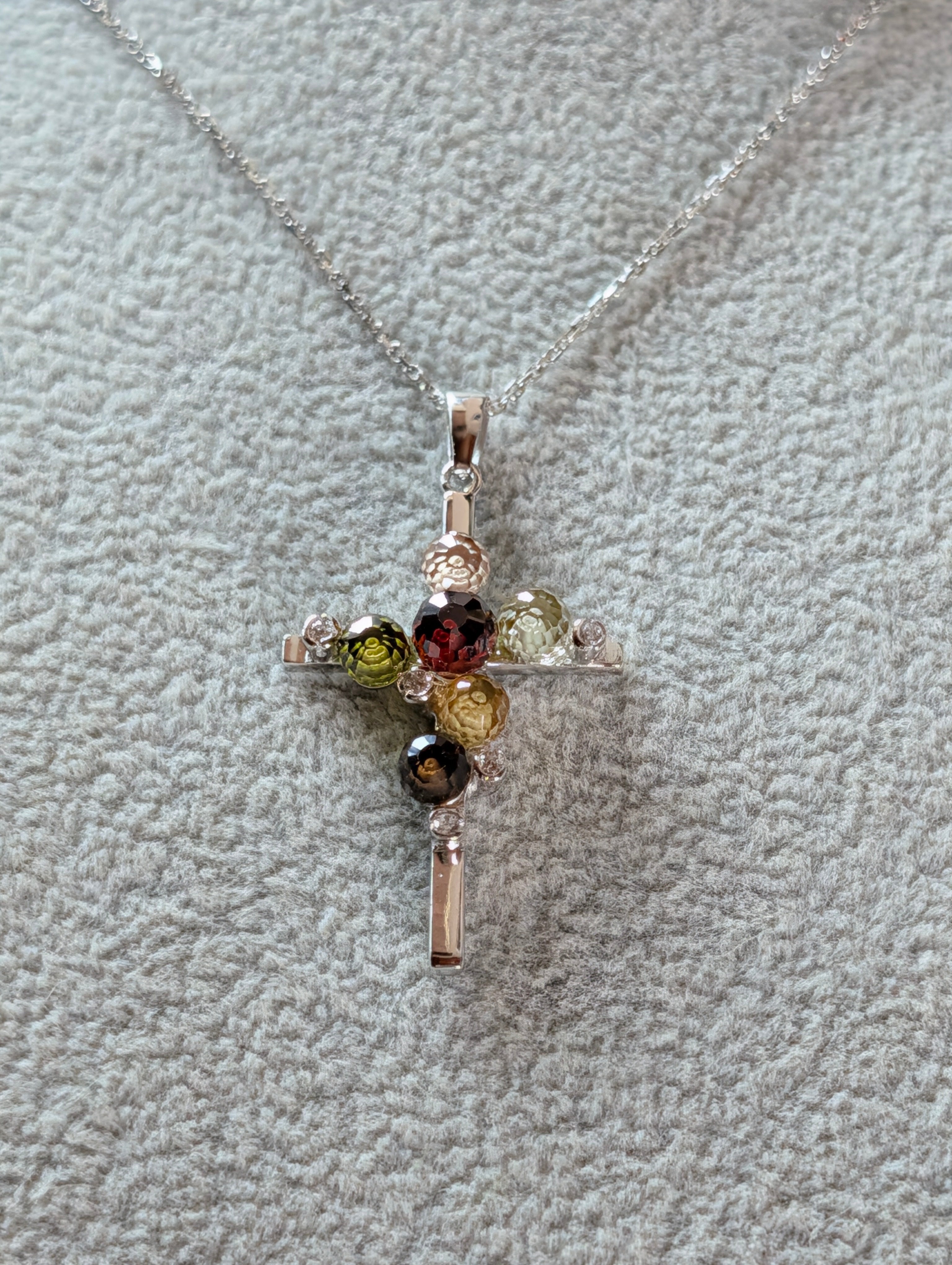 Sterling Silver Multicolor Cluster Gemstone Cross Pendant Necklace