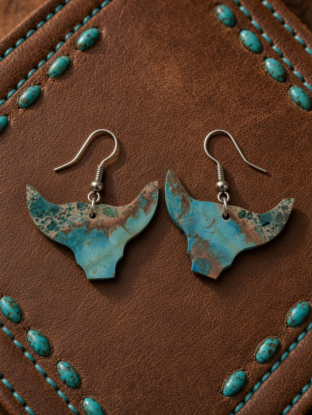 Handcrafted Indigo Turquoise Bull Head Slab Sterling Silver Earrings