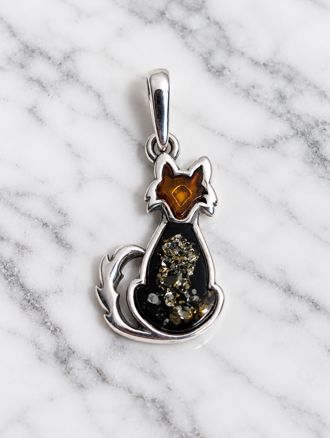 Handmade Fox with Dark Honey Cognac Cabochon & Sterling Silver Pendant