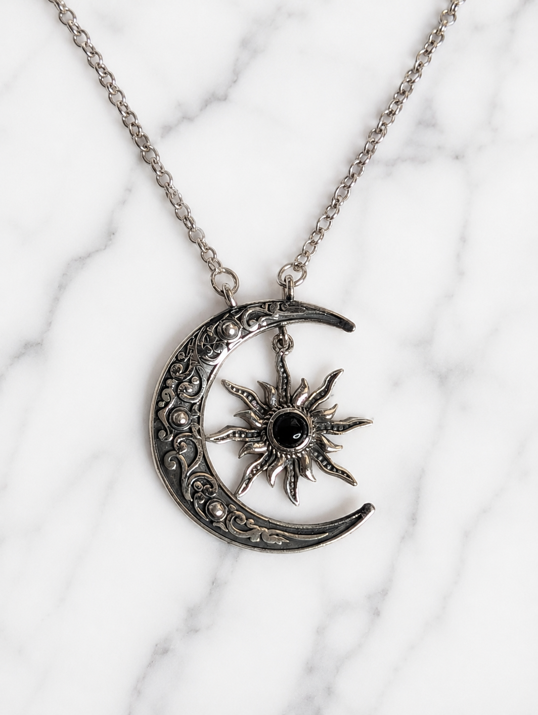 Black Onyx Crescent Sterling Silver Moon and Star Necklace