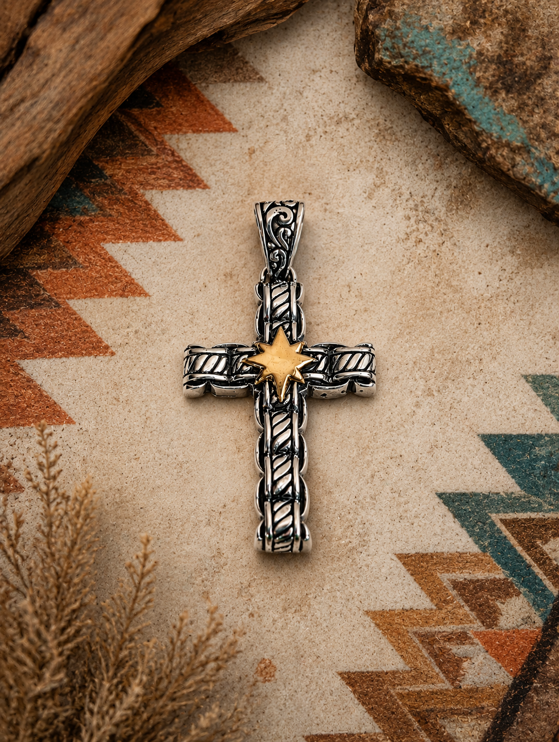 Handcrafted Exquisite Sterling Silver Cross Pendant With 18k Gold Accents