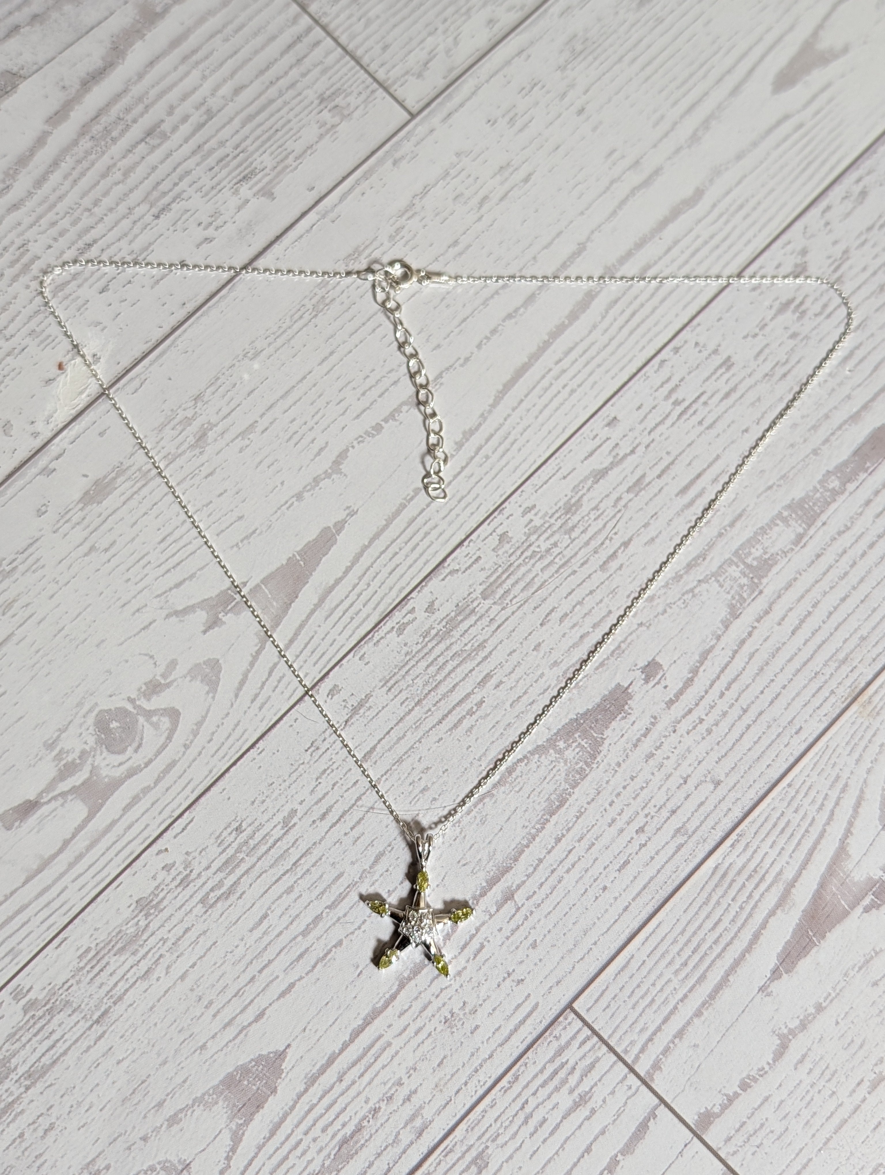 Peridot Gemstone CZ Star Shaped Sterling Silver Necklace