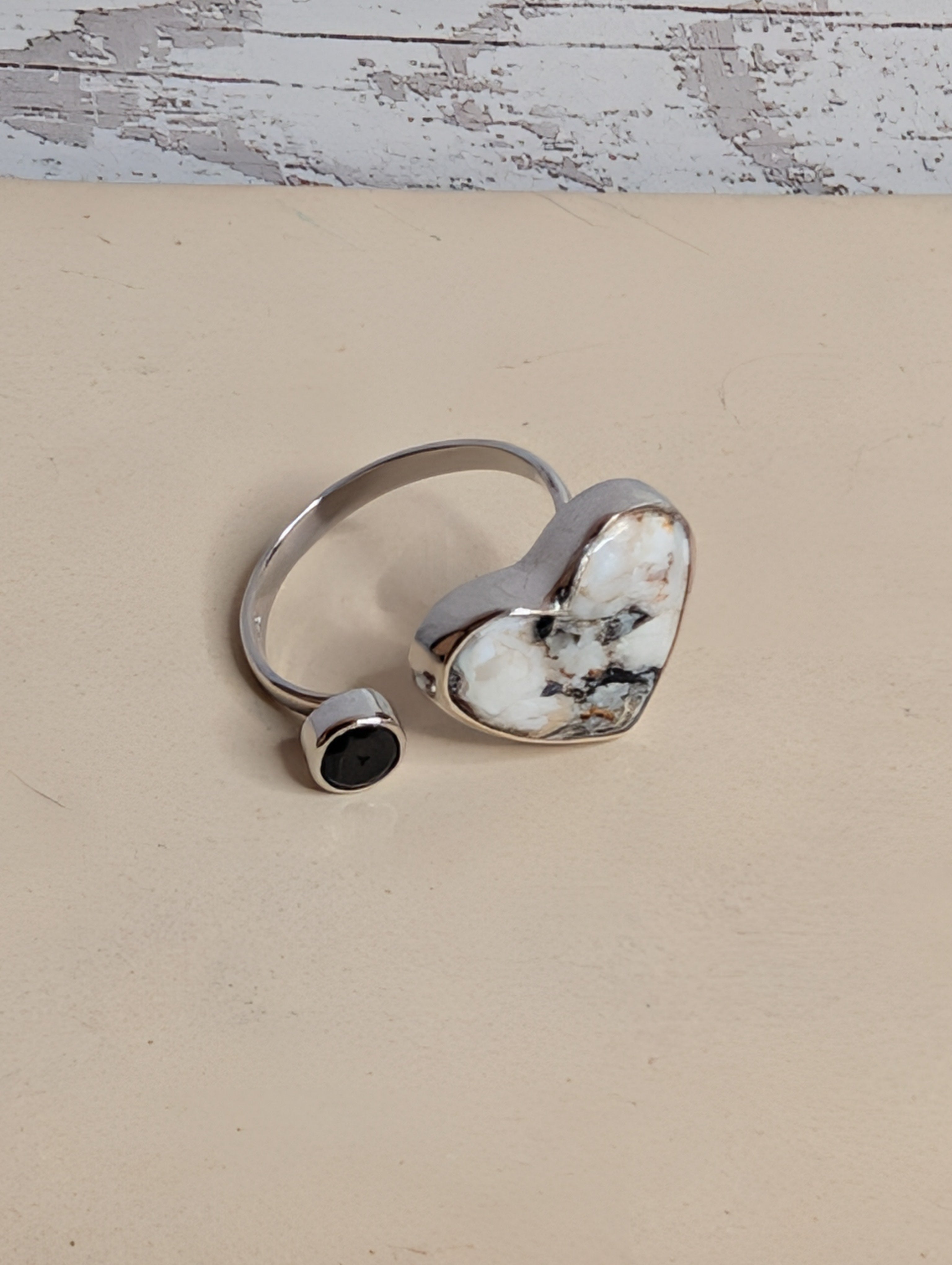 White Buffalo Heart & Circle Shaped Black Onyx Sterling Silver Adjustable Ring