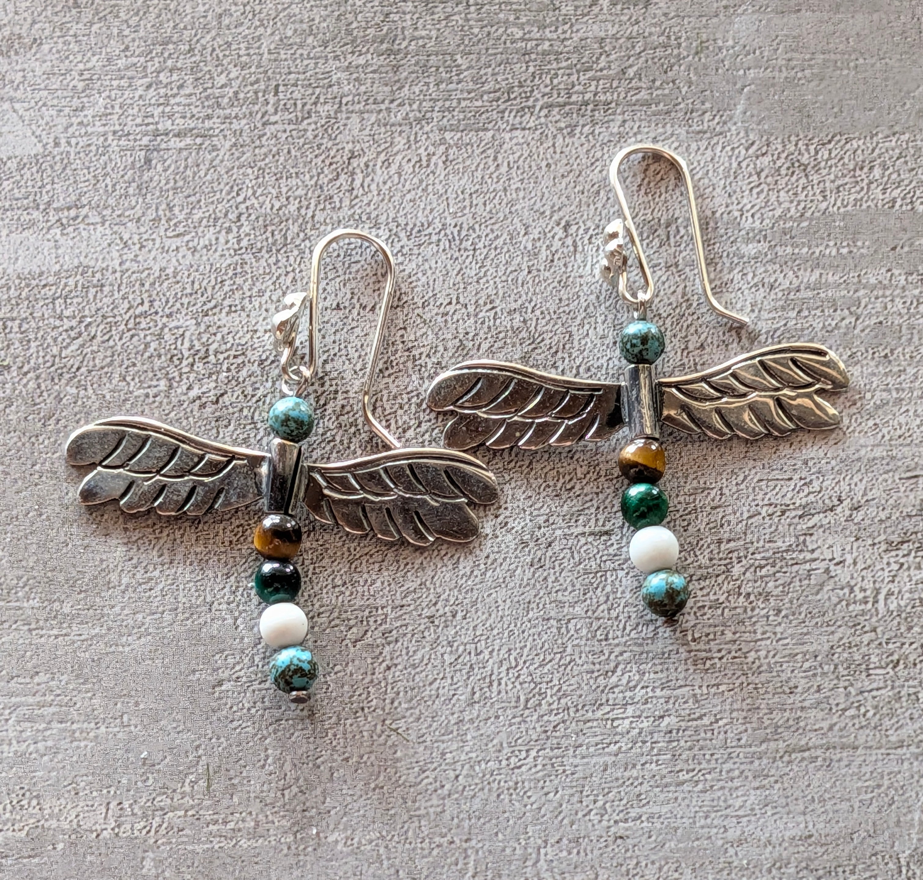 Turquoise & Sterling Silver Multistone Beaded Bird Earrings On Hook