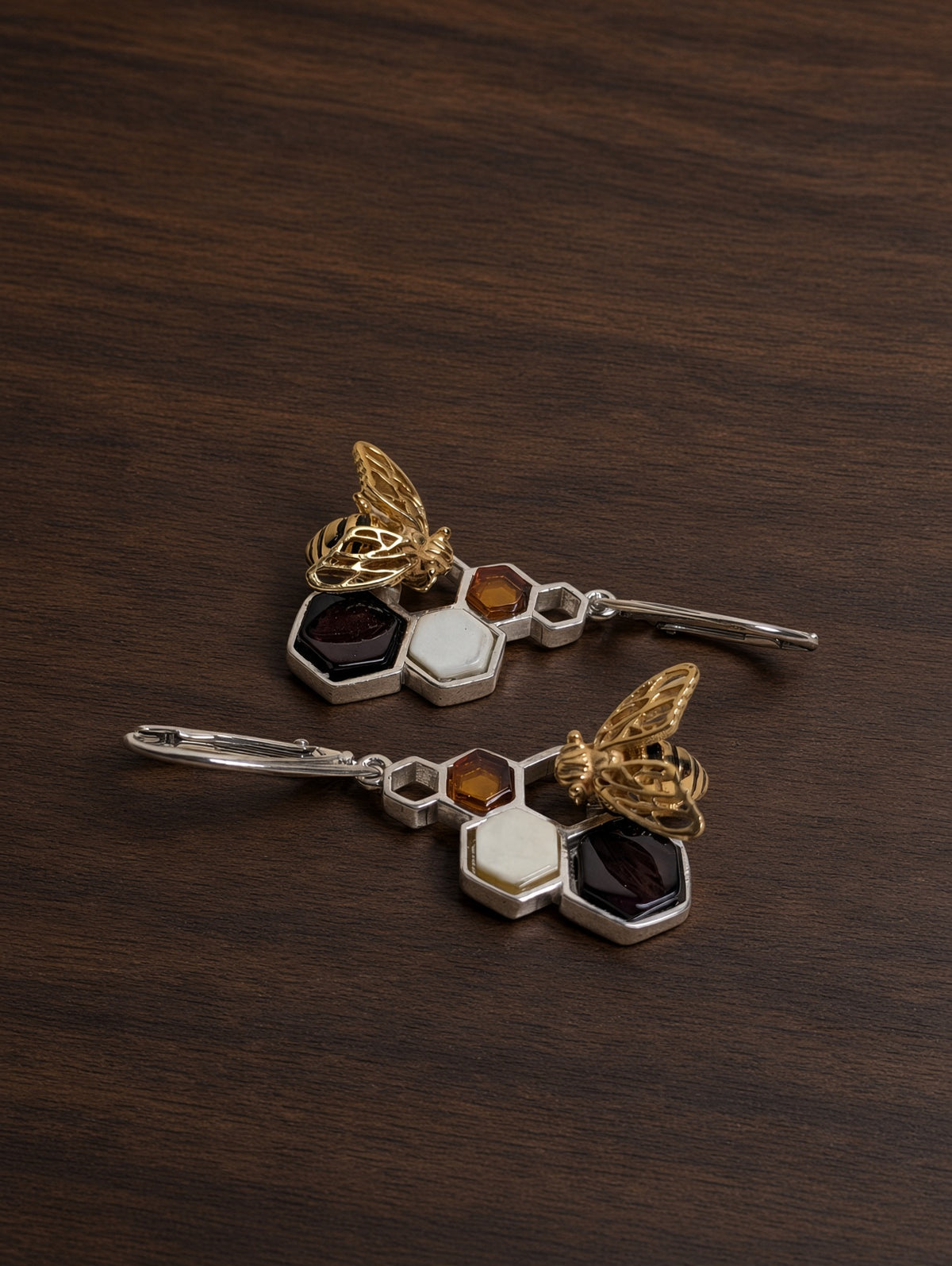 Handmade Bee Honeycomb Honey Cognac Cabochons & Sterling Silver Leverback Earrings