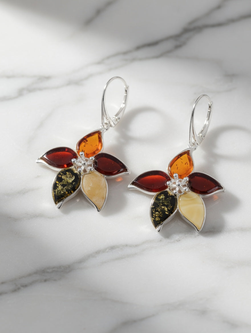 Multicolor Amber Handmade Sterling Silver Flower Leverback Earrings