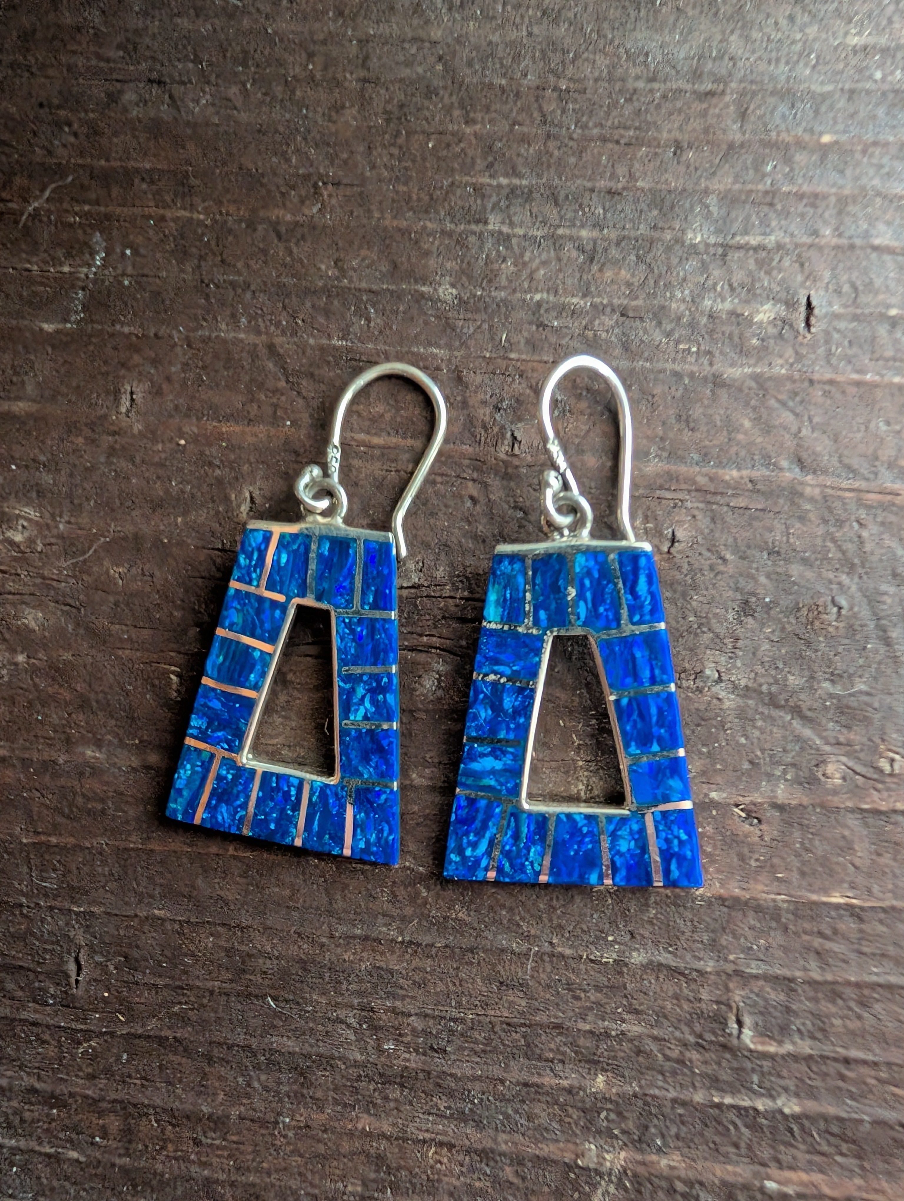 Mosaic Blue Fire Opal Inlay Trapezoid Shaped Geometric Sterling Silver Dangle Earrings