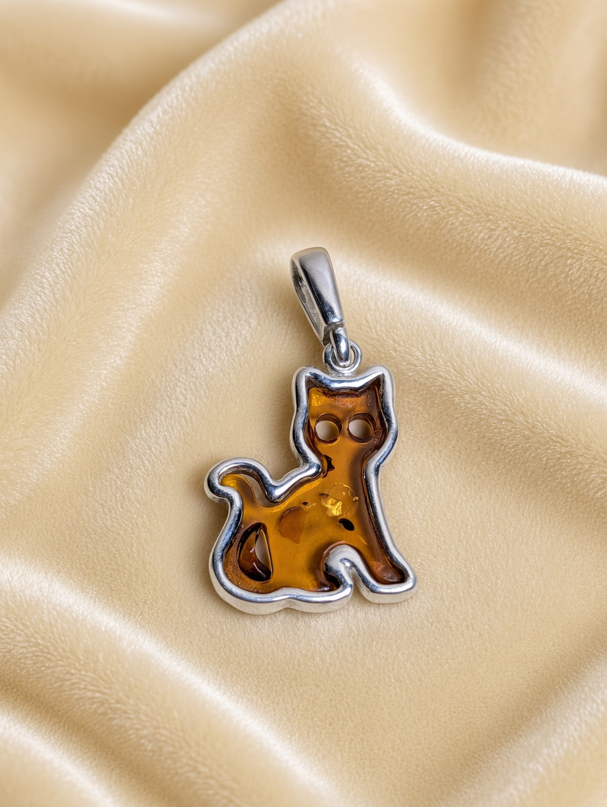 Handmade Cat Shaped Honey Cognac Cabochon & Sterling Silver Pendant