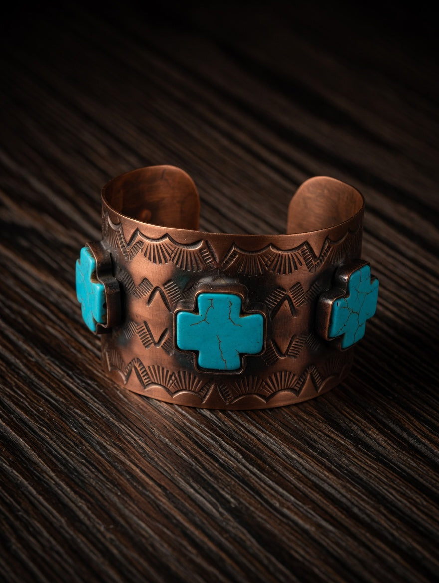 Engraved Copper Cuff Bracelet with Blue Cross Accents