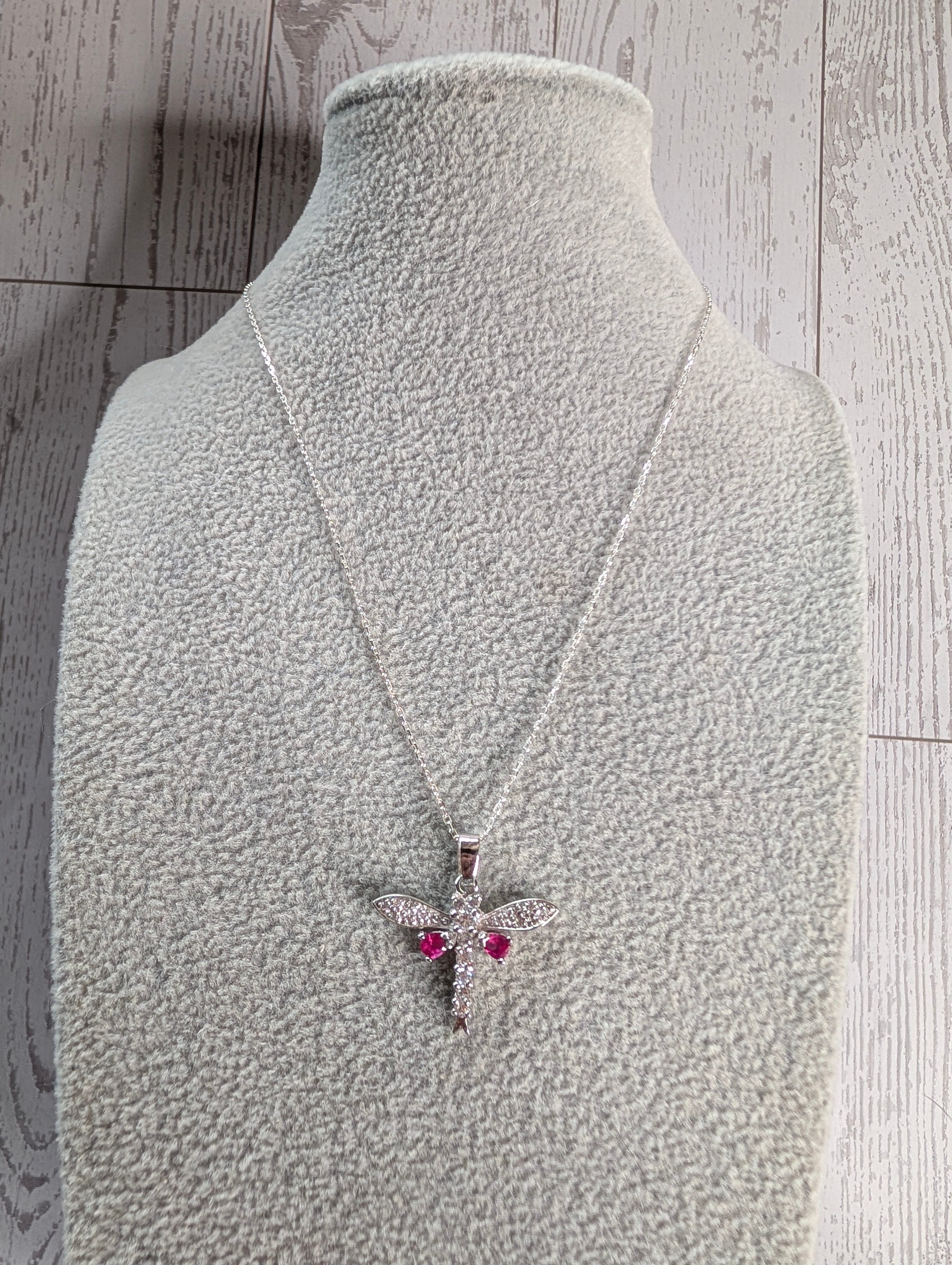 Sterling Silver Pink Gemstone CZ DragonFly Pendant Necklace