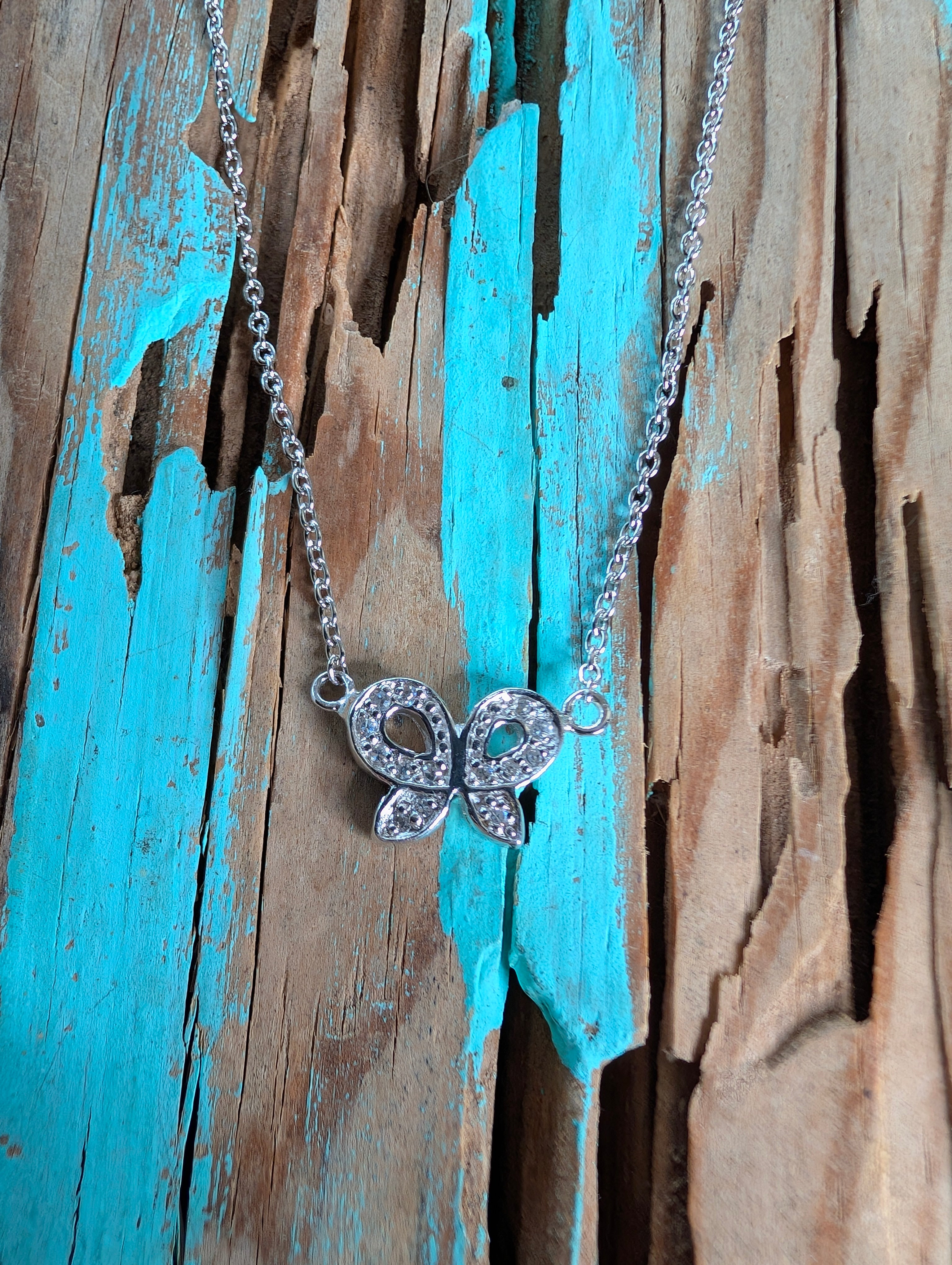 Sterling Silver CZ Butterfly Bow Ribbon Necklace