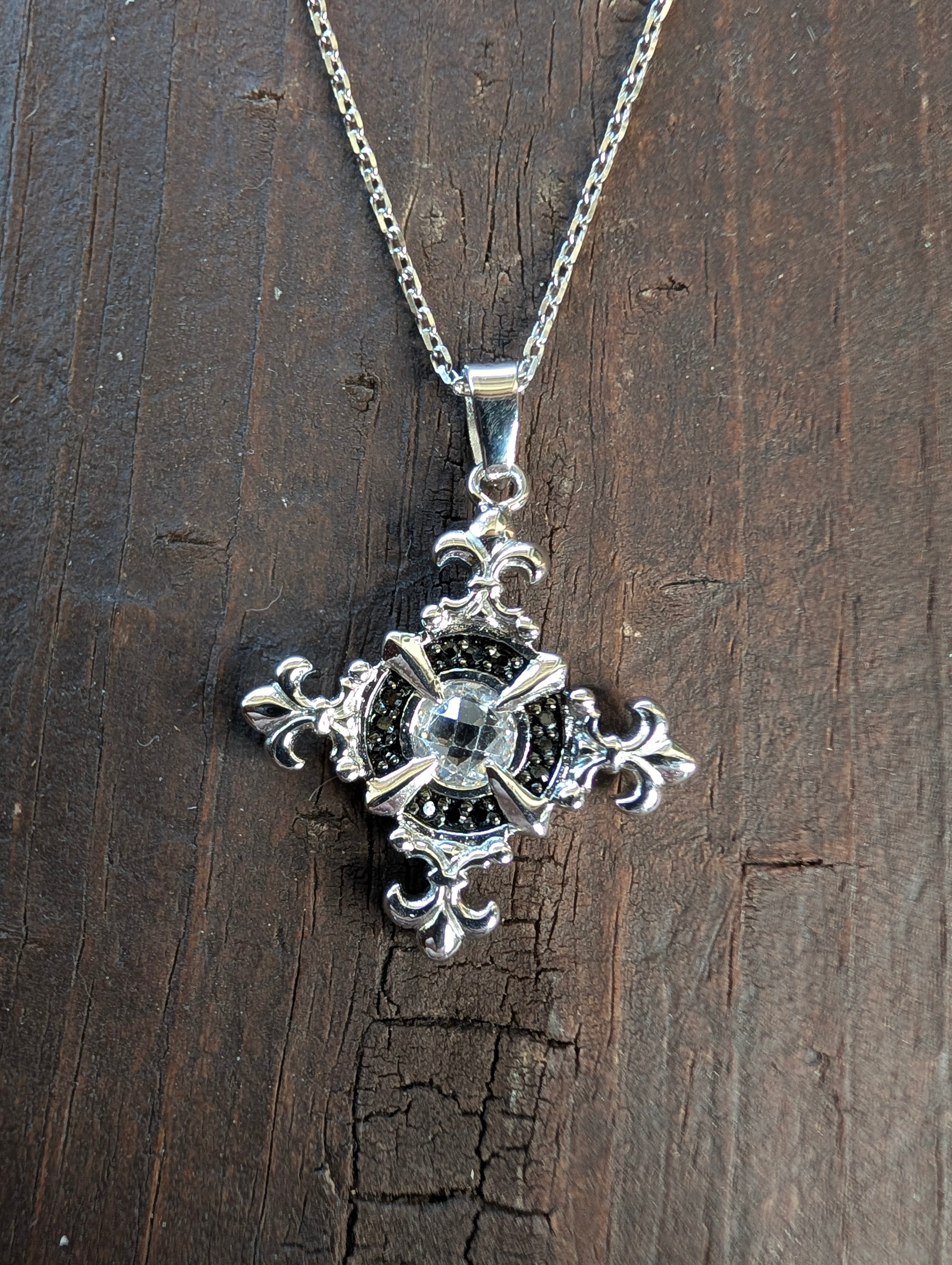Sterling Silver Gothic Style Filigree CZ Cross Necklace