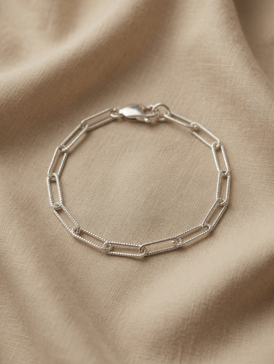 Sterling Silver Textured Chain Link Charm Bracelet 7.5"