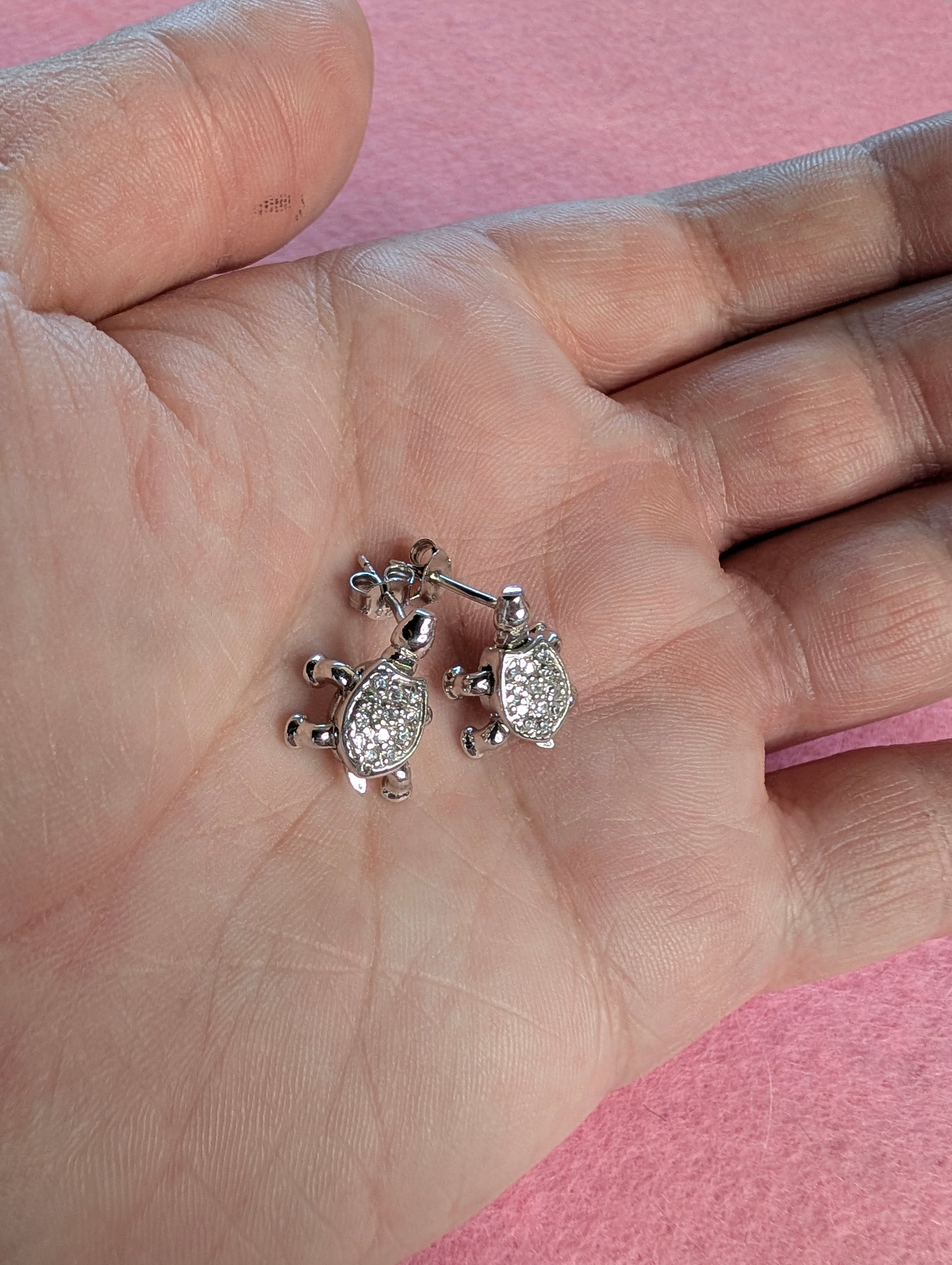 Sterling Silver CZ Tiny Turtle Dangling Earrings On Post