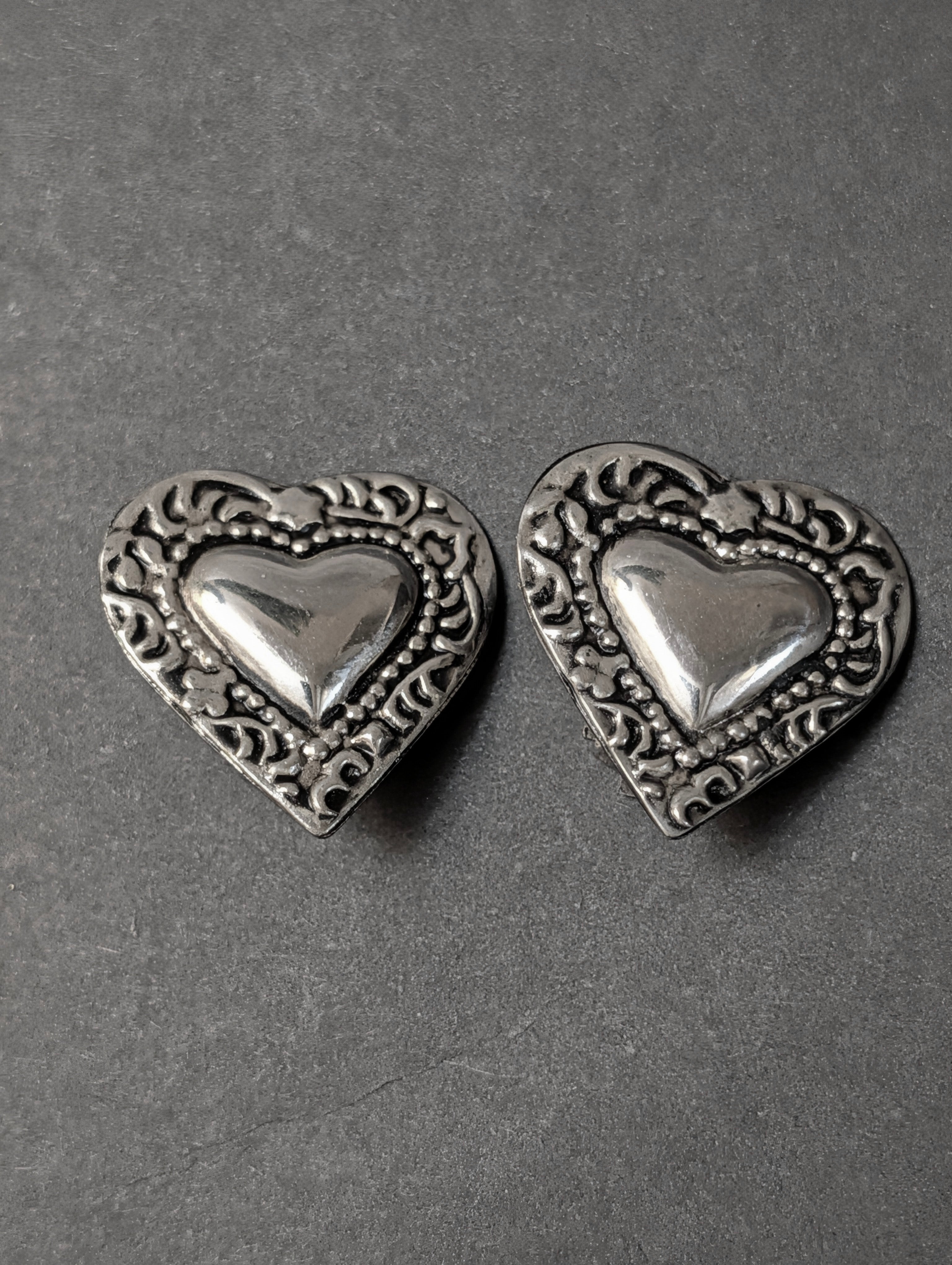 Silver Plated Etched Heart Clip-On Earrings