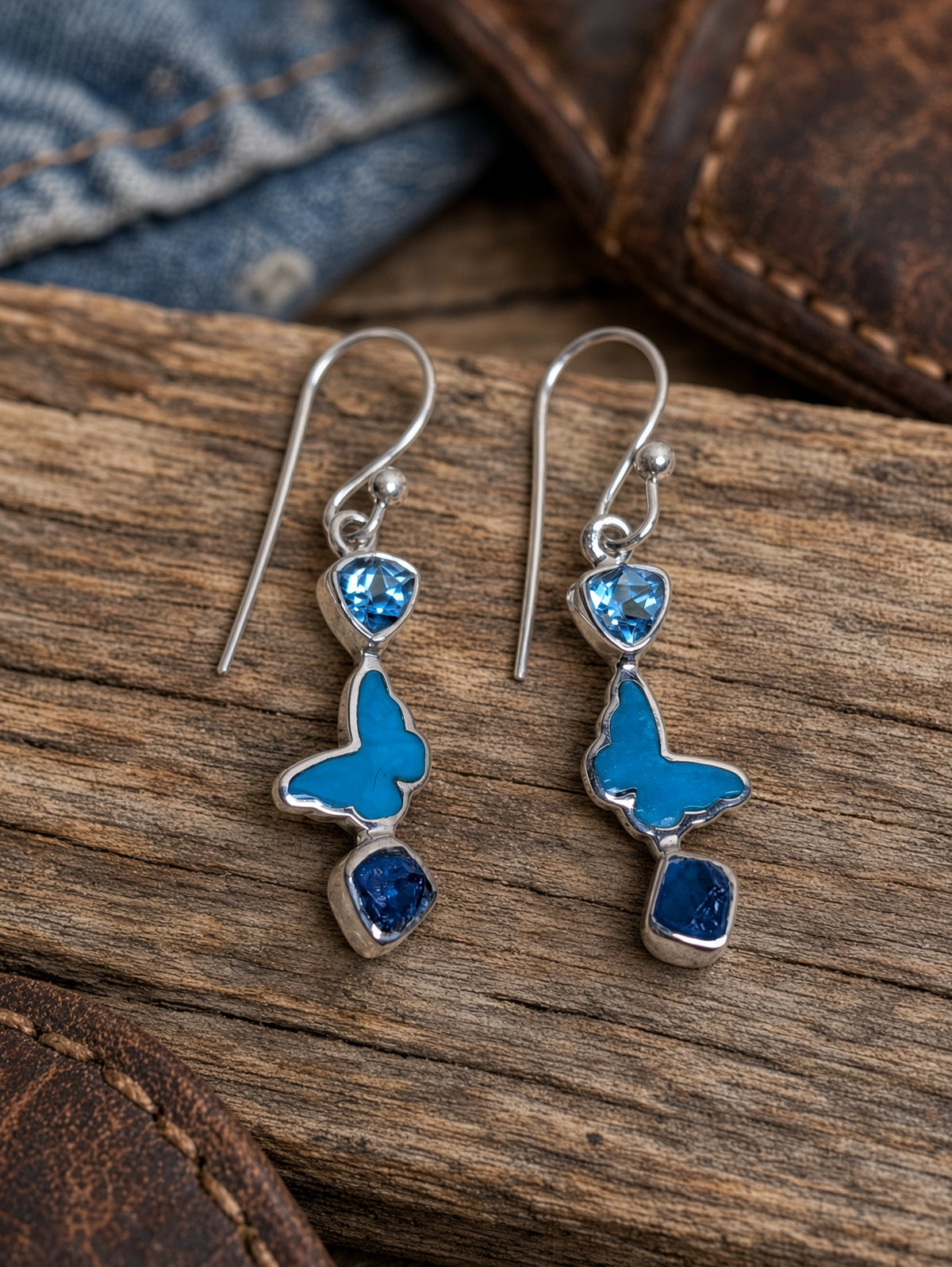 Handmade Butterfly Earrings with Blue Topaz, Turquoise Cabochon, Lapis & Sterling Silver