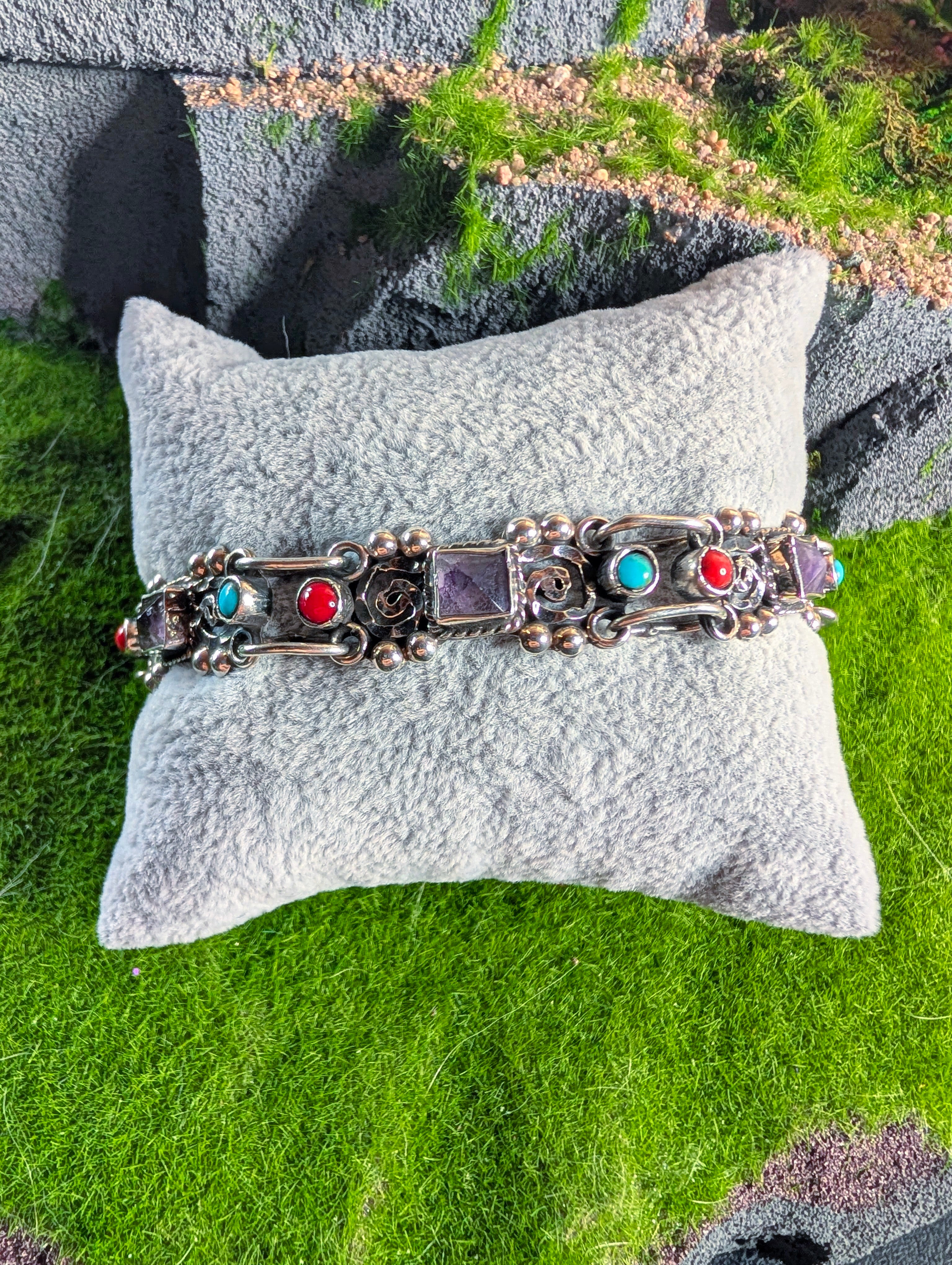 Turquoise, Amethyst, and Coral Intricate Sterling Silver Bracelet